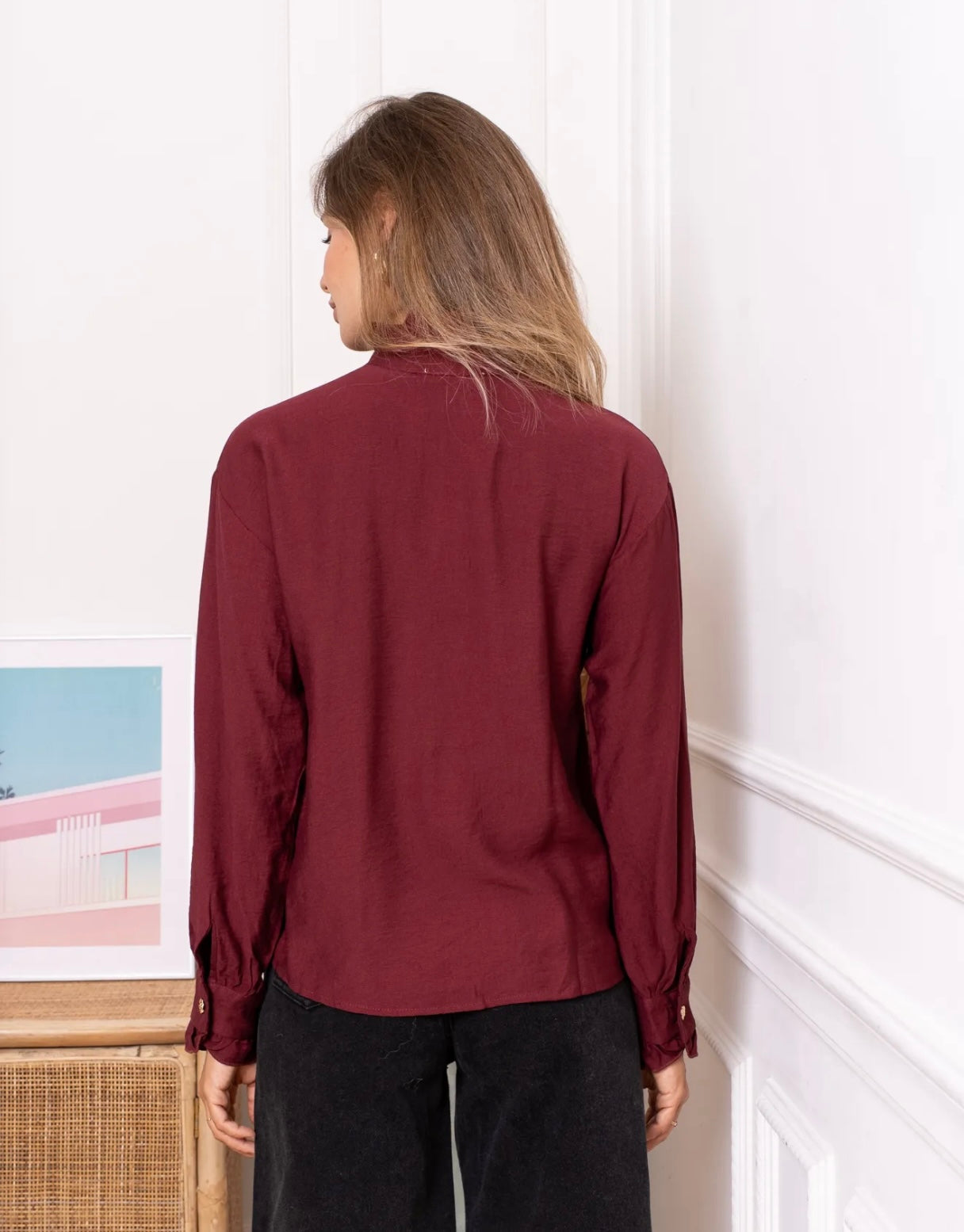 Burgundy Frill Blouse With Gold Button Appliqué