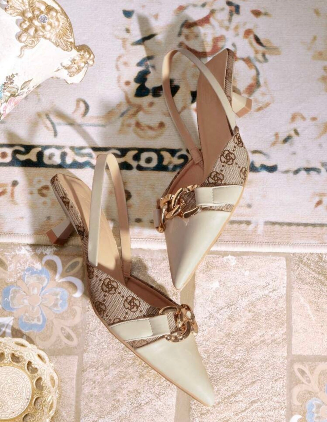 Cream & Beige Gold Bar Slingback Heels