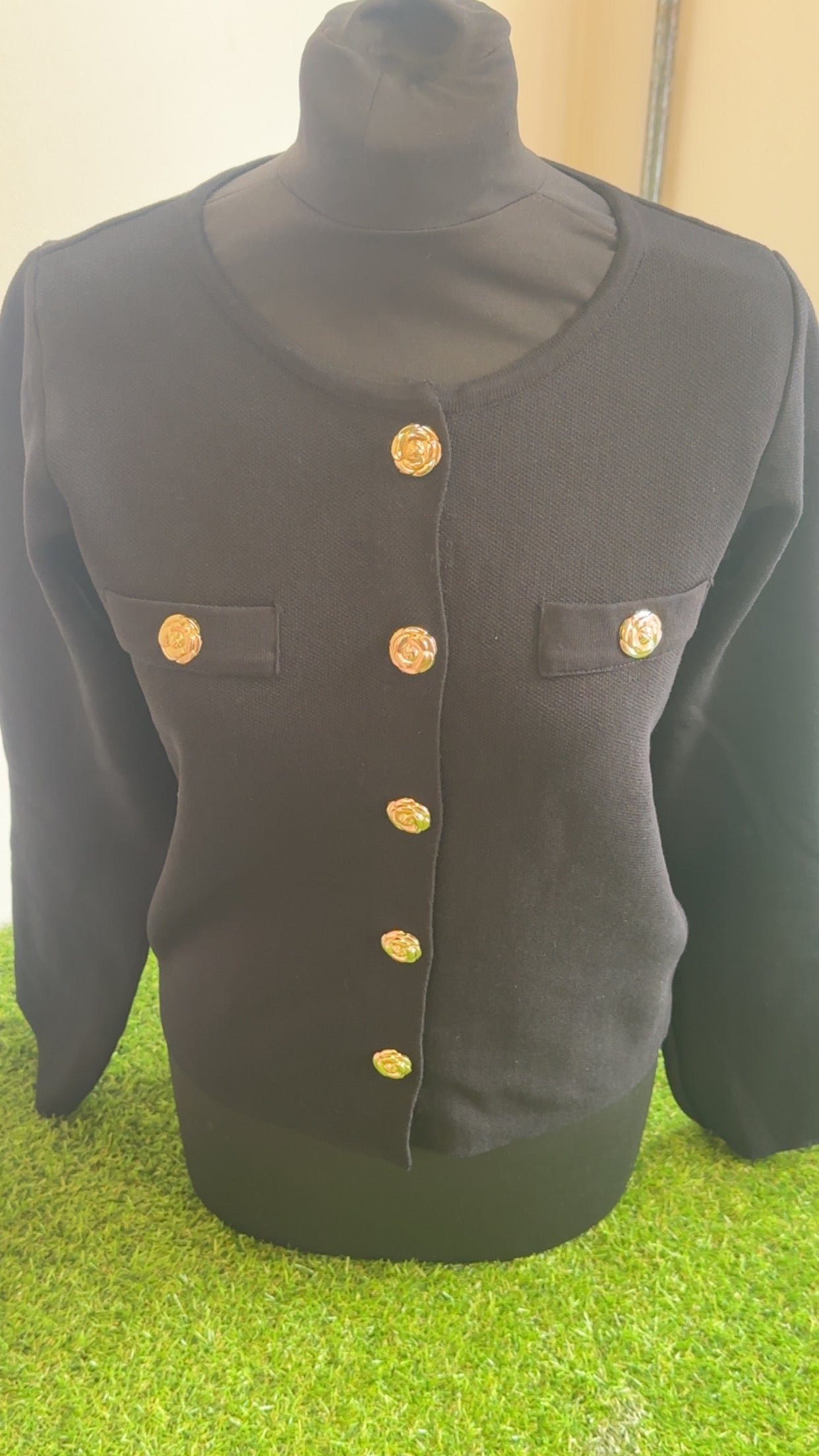 Black Cardigan With Gold Statement Buttons