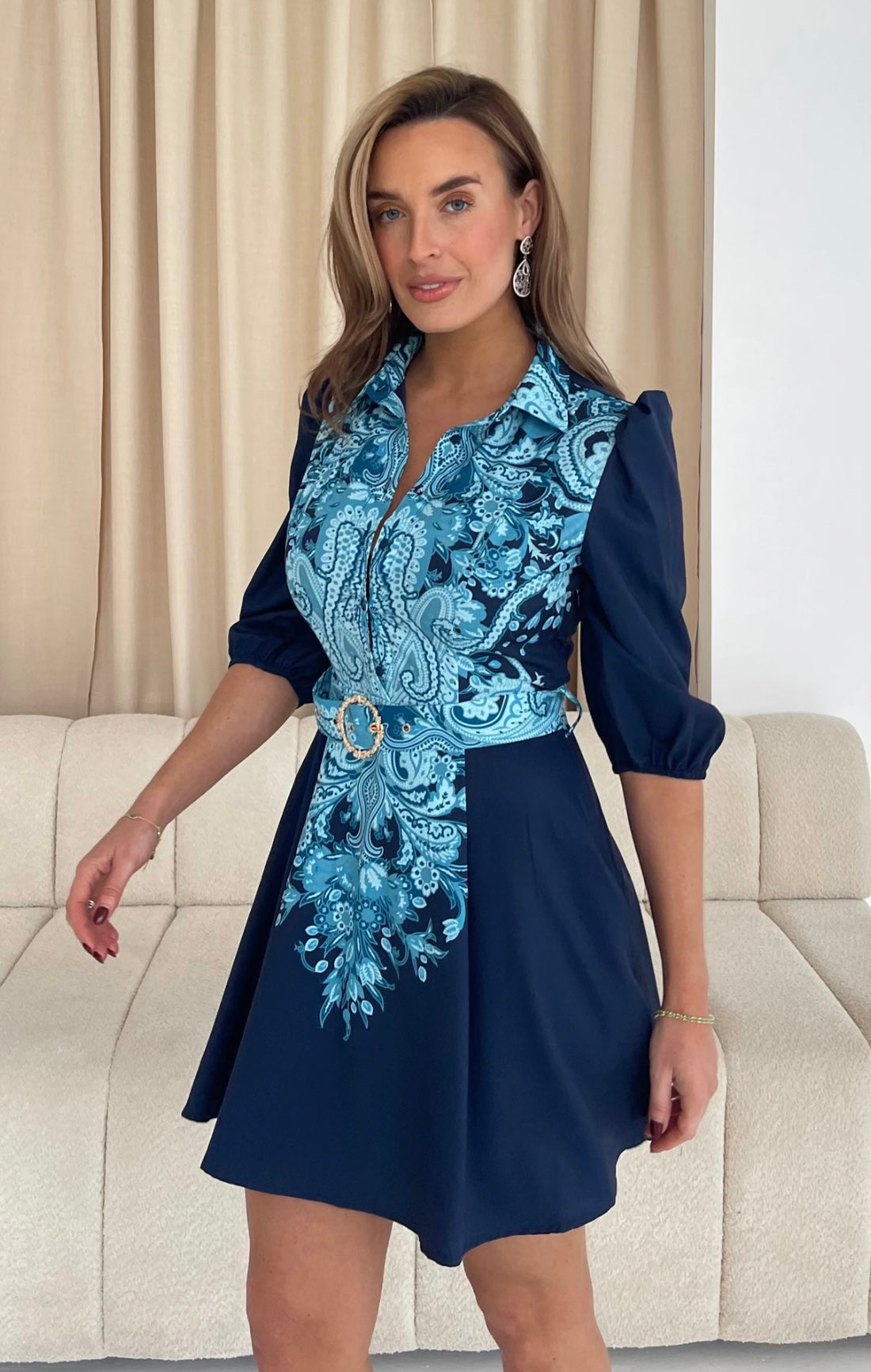 Holland Paisley Print Collar Mini Dress Navy