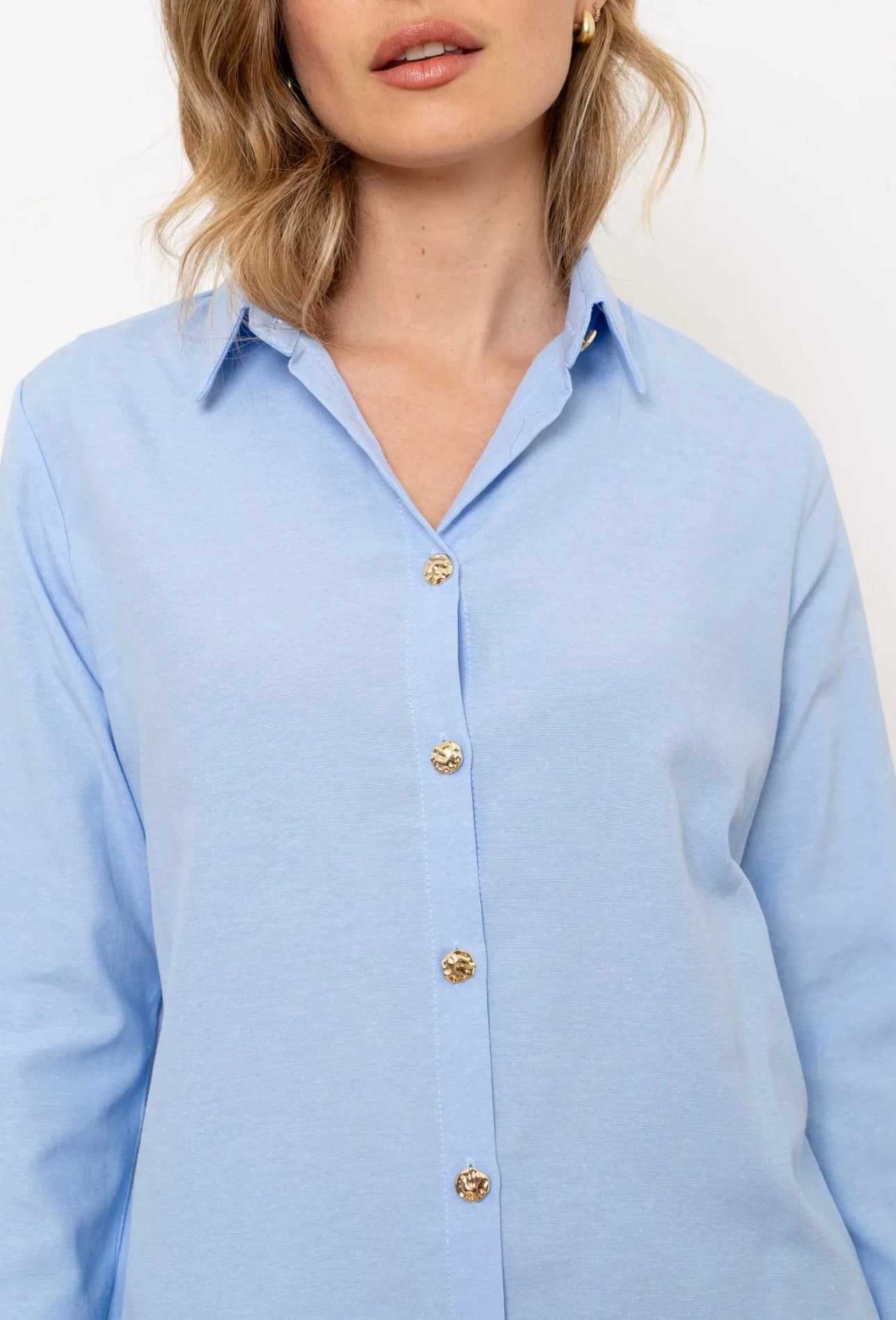 Blue Shirt With Gold Button Appliqué