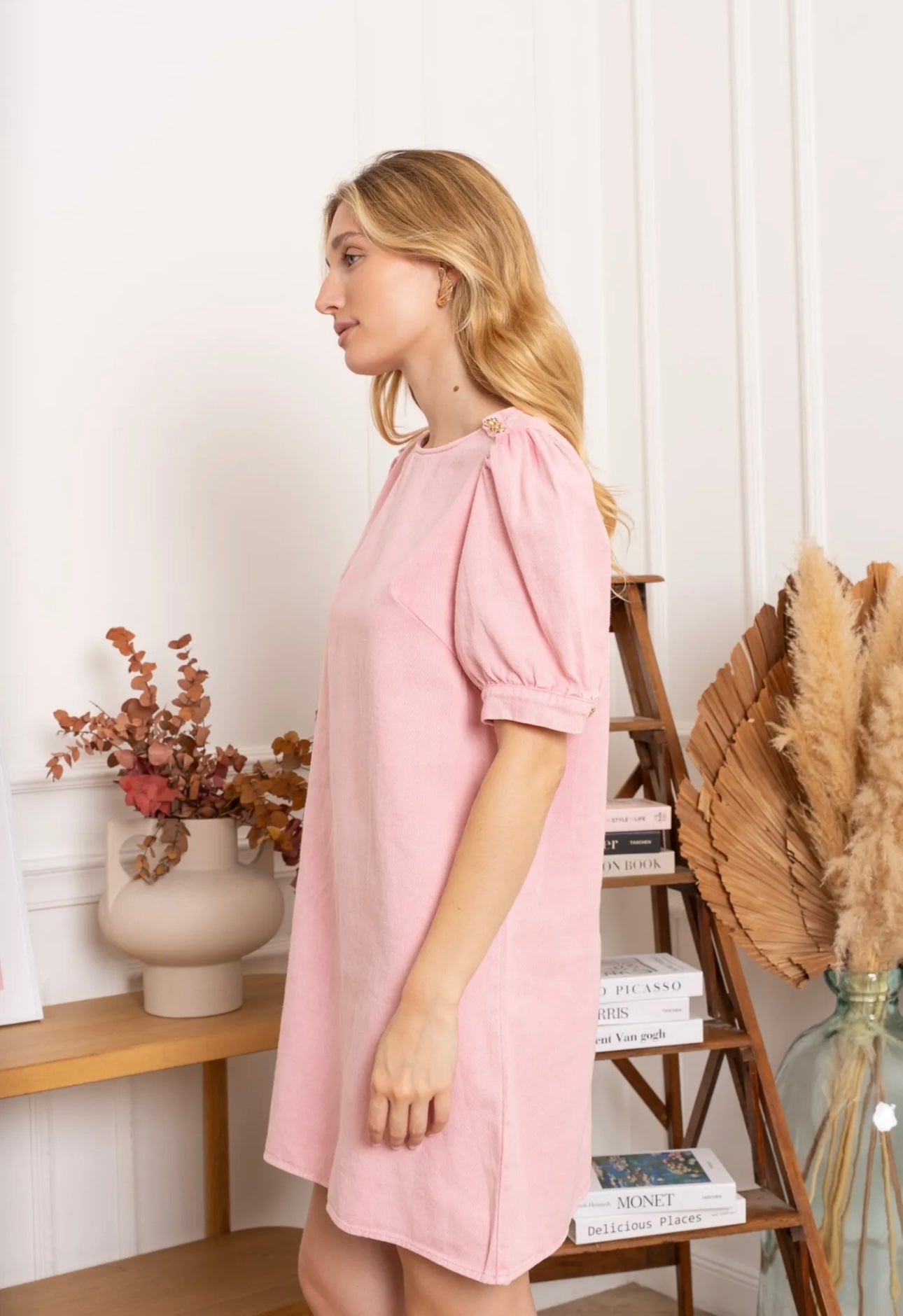 Pink Denim Dress With Gold Button Detail