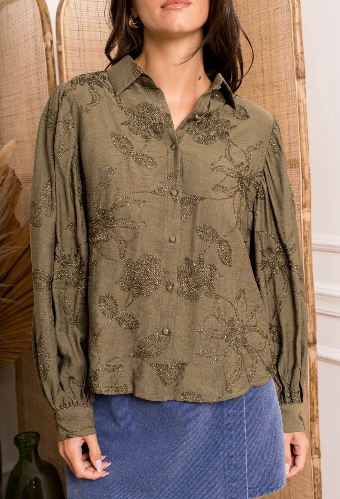 Khaki Metallic Embroidered Shirt