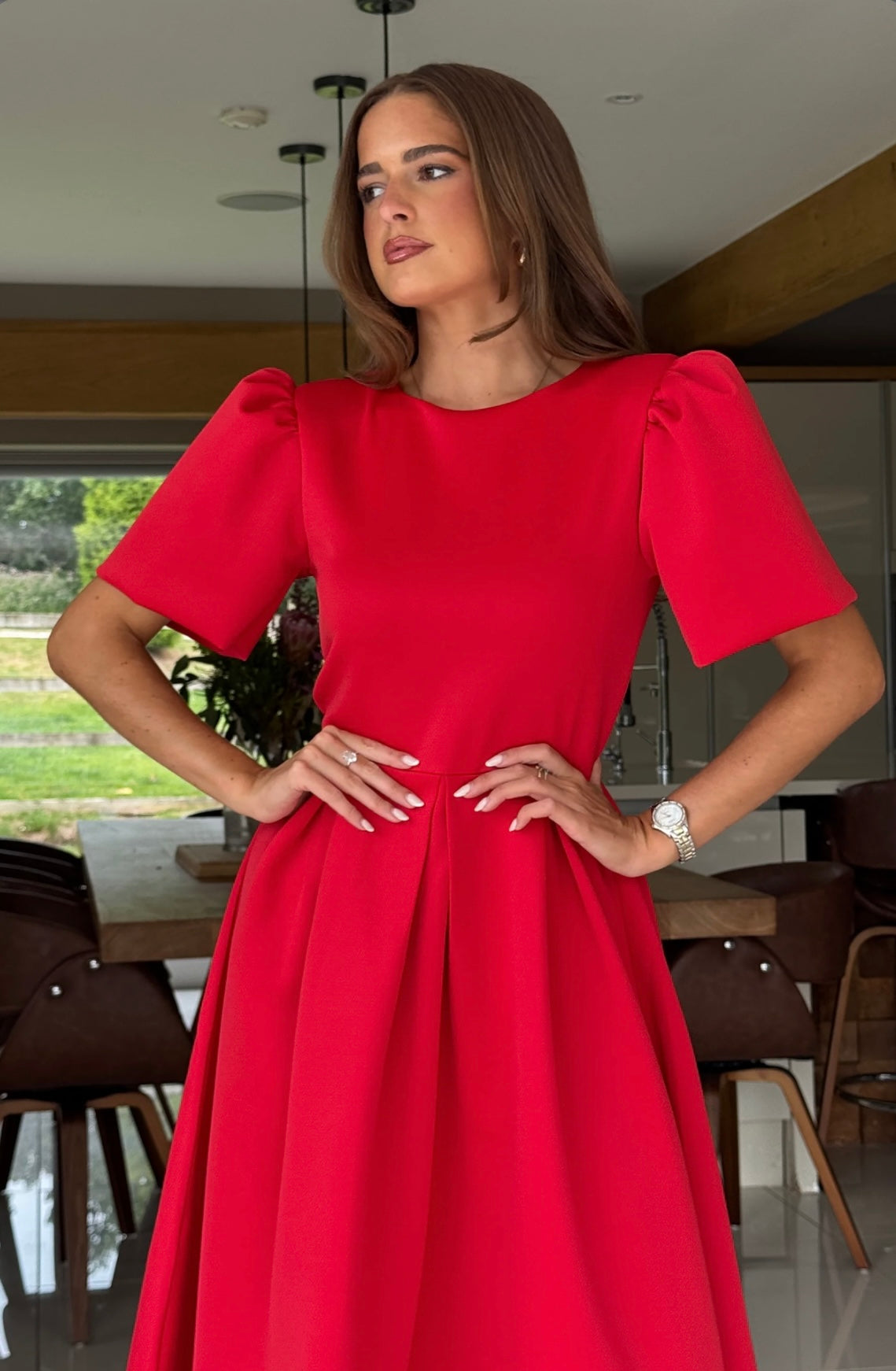 Elowin Red Statement Sleeve Midi Dress