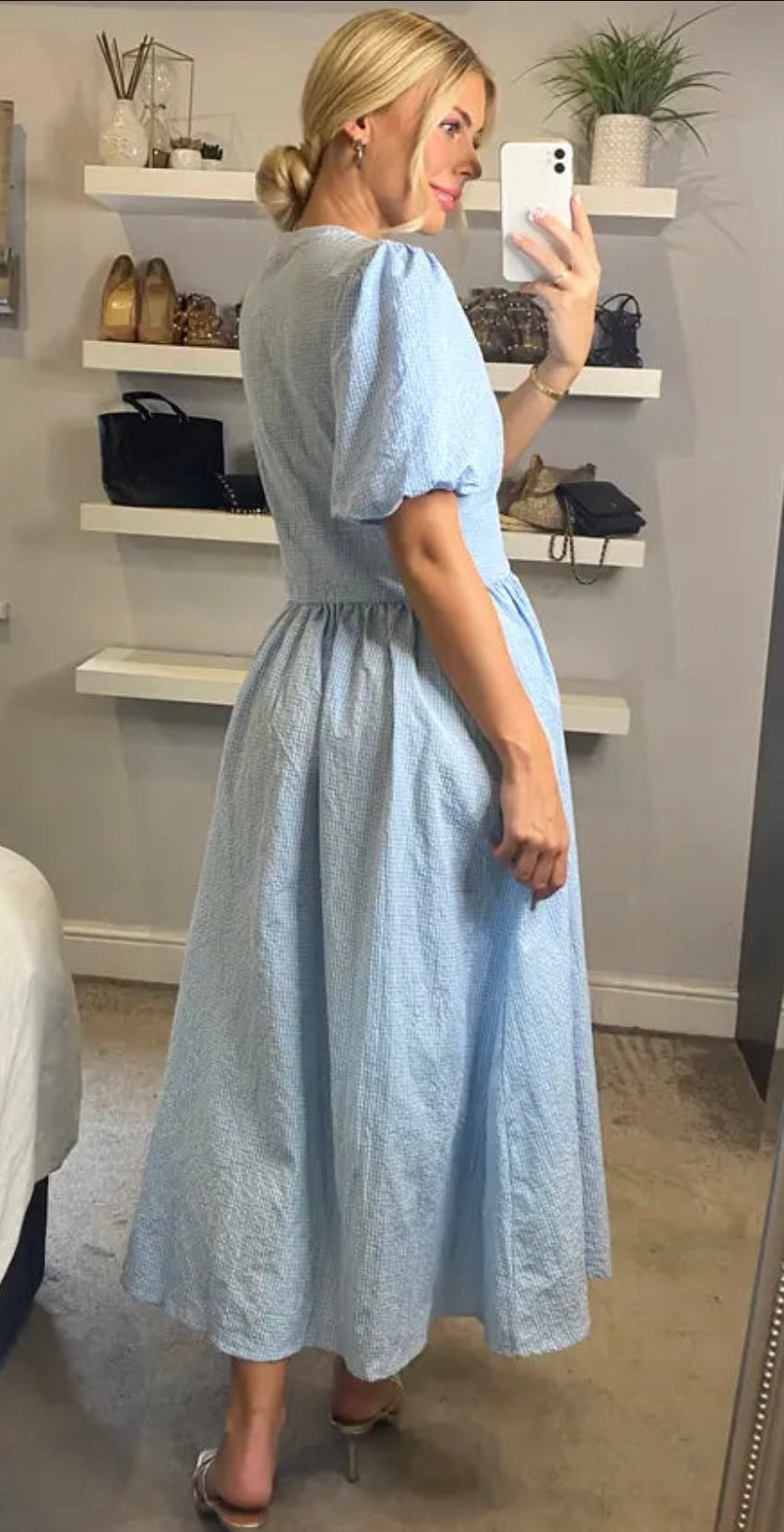 Karly Light Blue Checked Midi Dress (size 8-10)