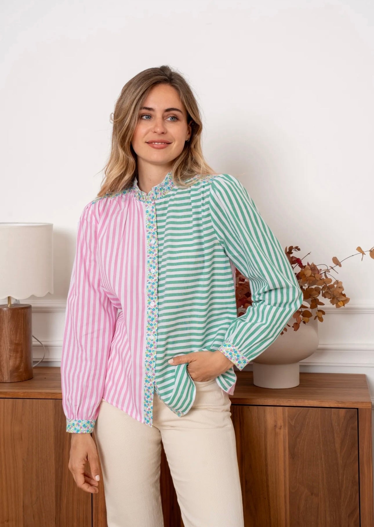Michelle Fushia Pink & Green Striped Shirt