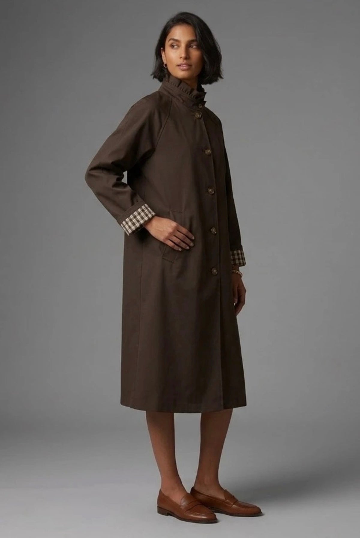 Brown Tuck Pleat Collar Trench Coat