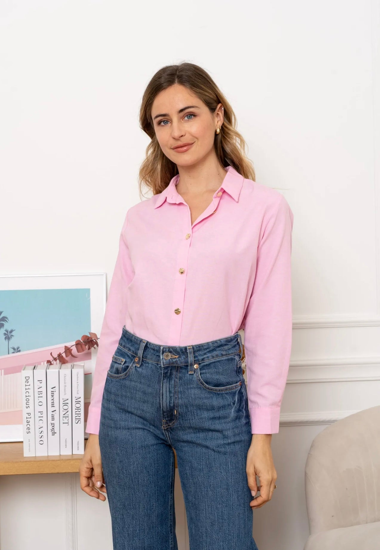 Pink Shirt With Gold Button Appliqué
