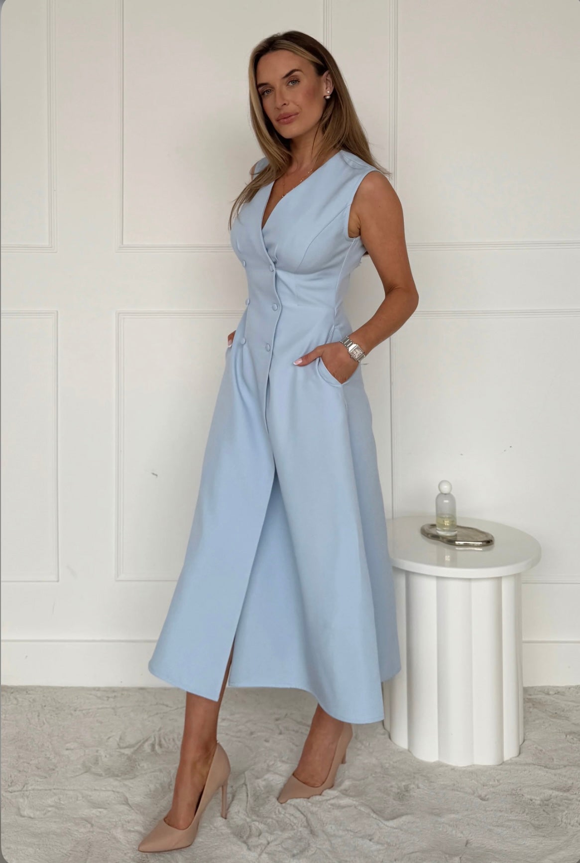 Hazel Tailored Sleeveless Midi Dress Sky Blue