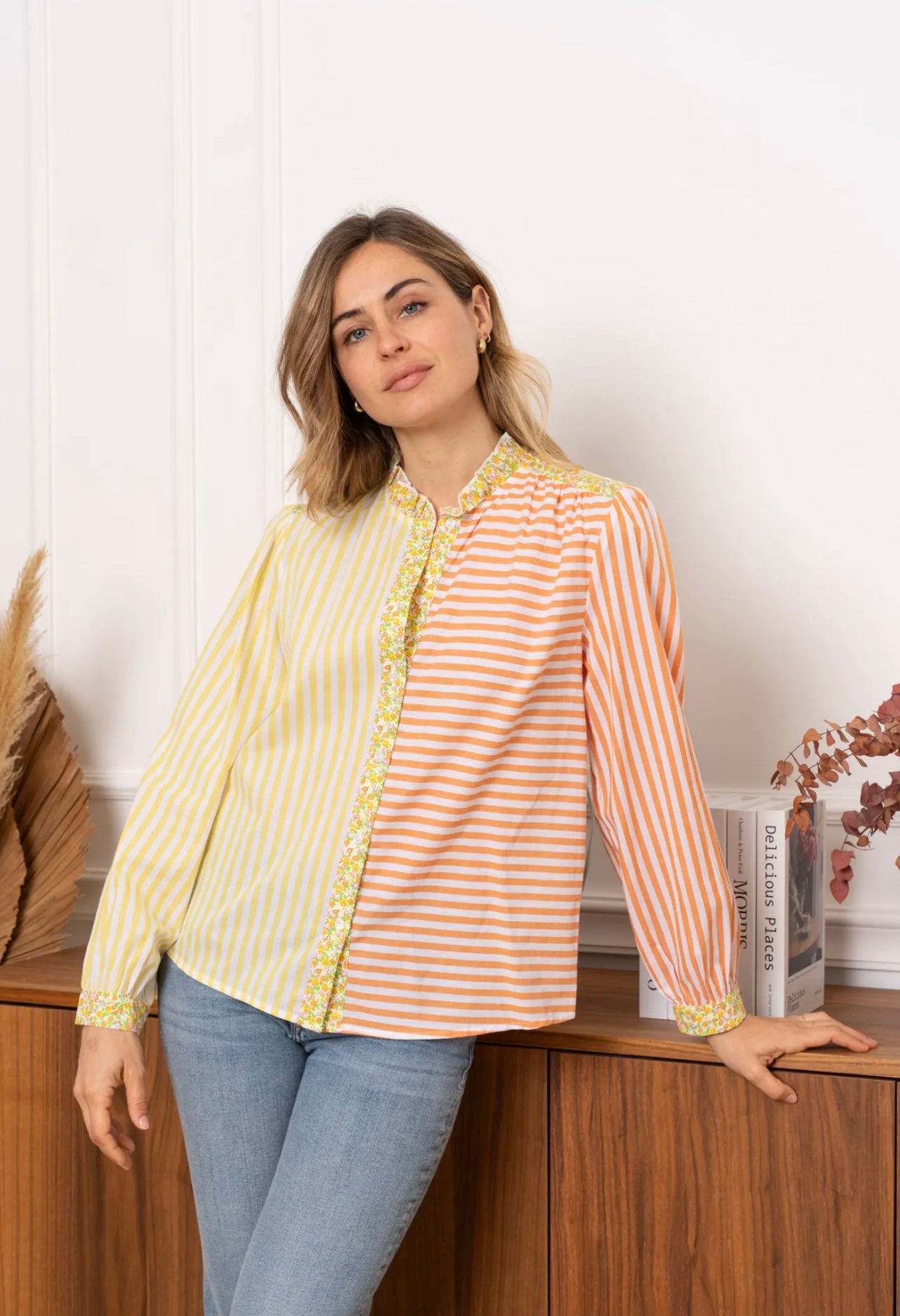 Michelle Lemon & Orange Floral Striped Shirt (size 8,10,12)
