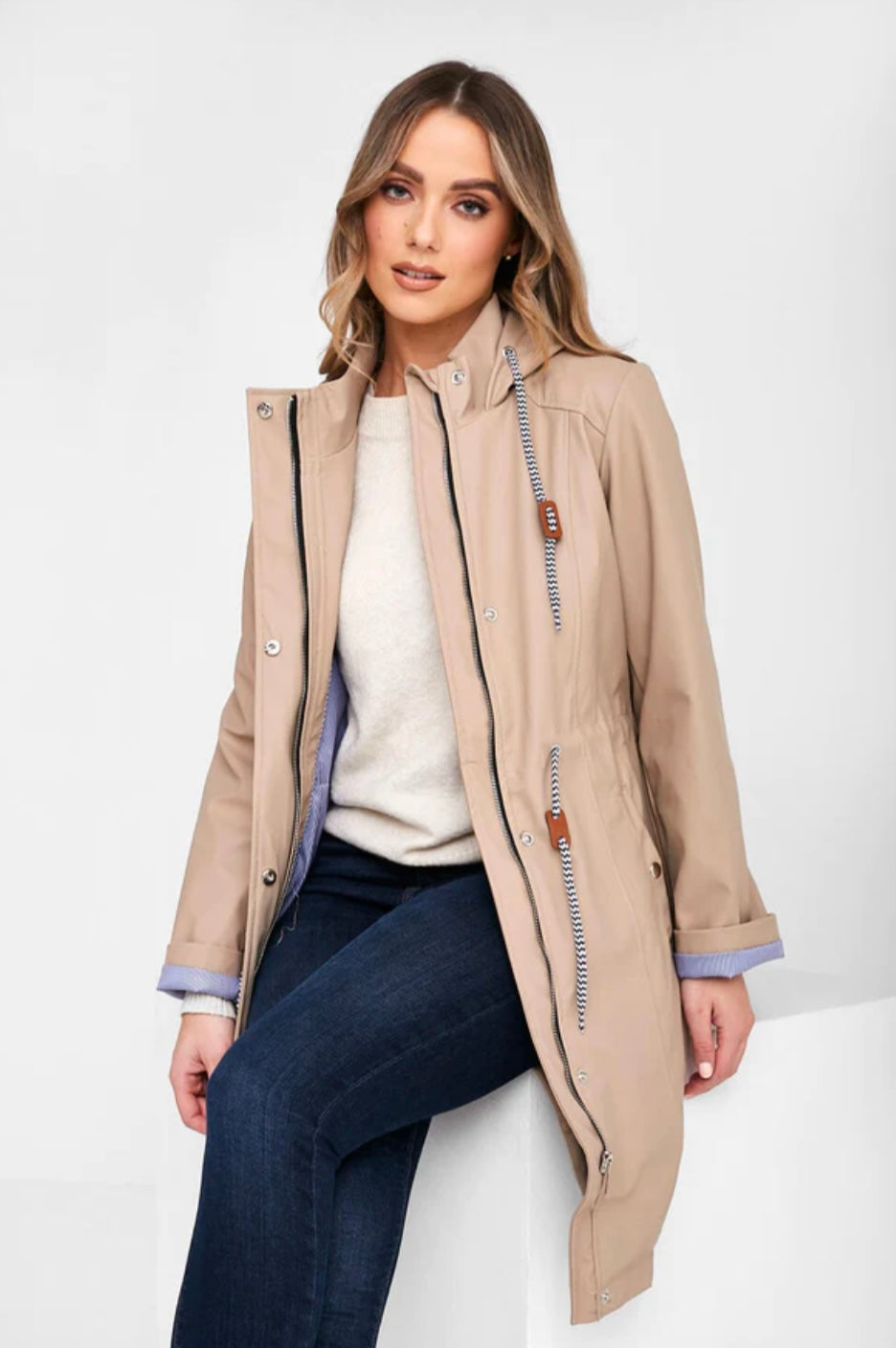 Striped longline Raincoat In Stone