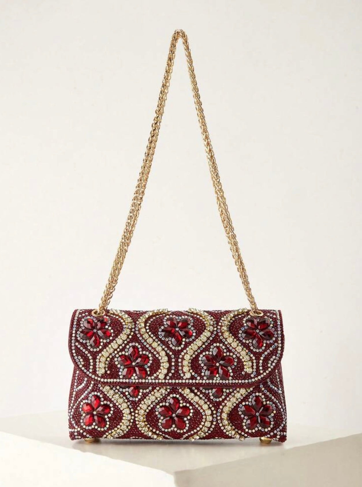 Burgundy & Gold Diamanté Embellished Handbag