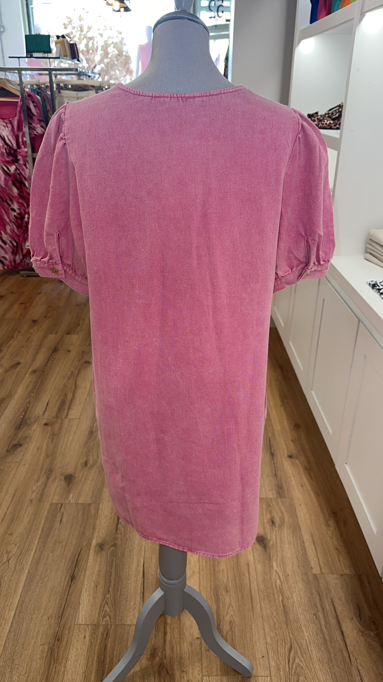 Fushia Denim Dress With Gold Button Detail