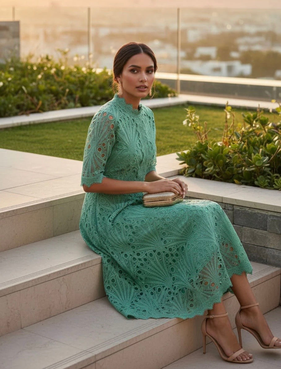 Jade Green Broiderie Anglais Midi Dress