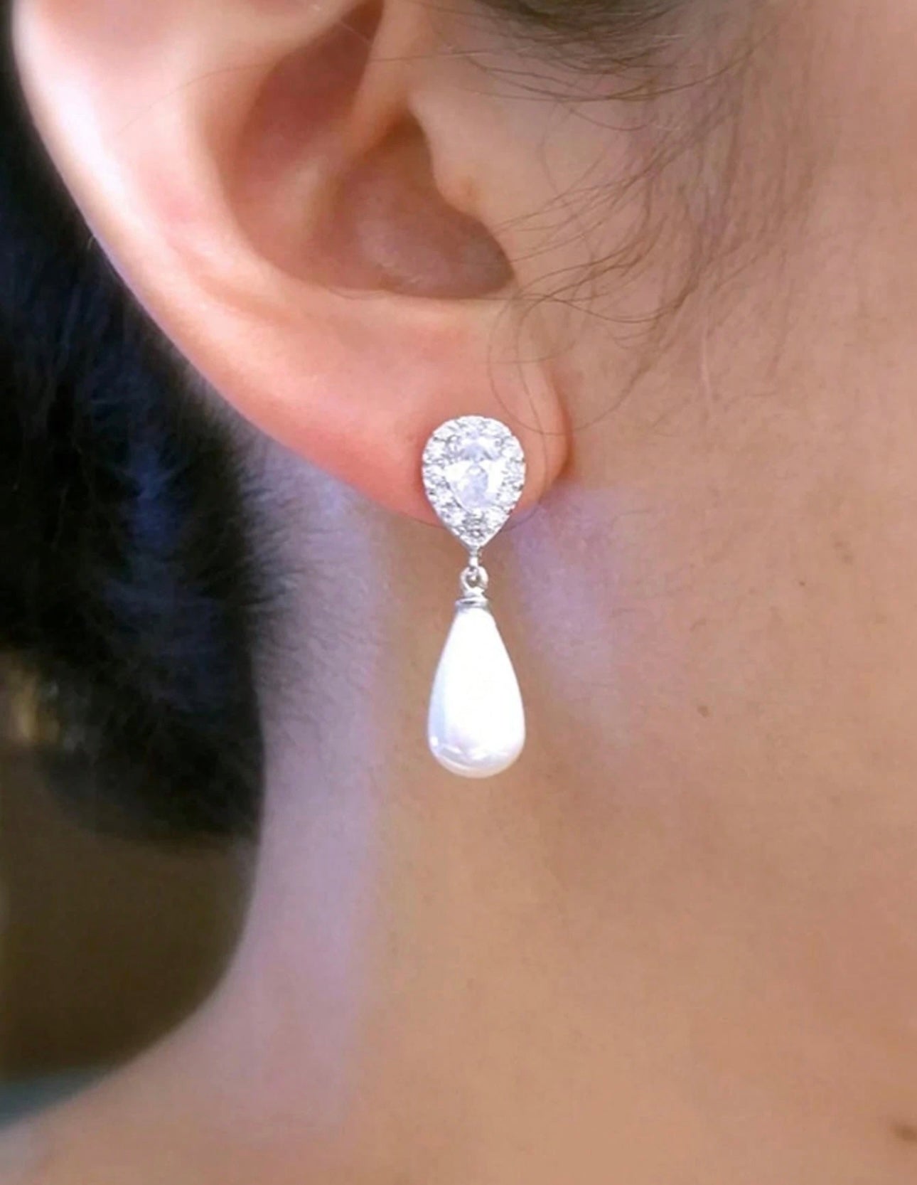 Silver Diamanté Pearl Drop Earrings