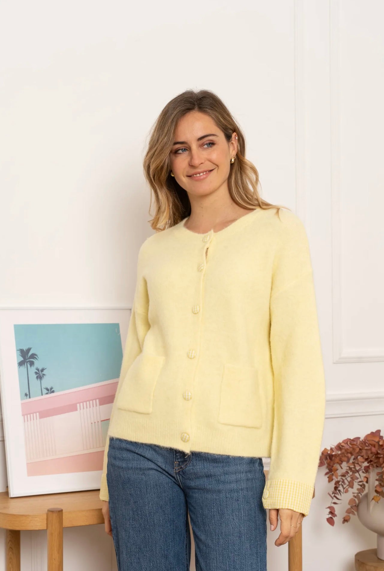Faith Lemon Cardigan With Checked Detail