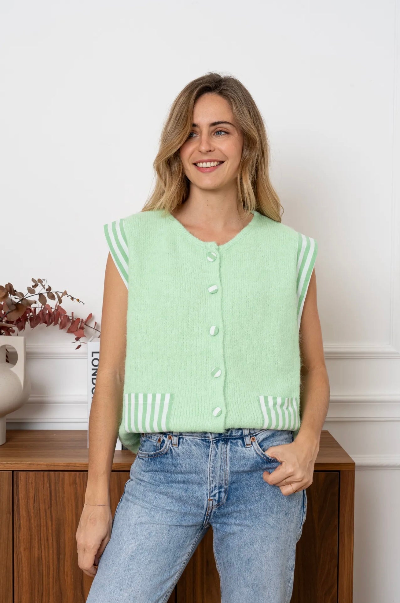 Cara Green & White Striped Waistcoat