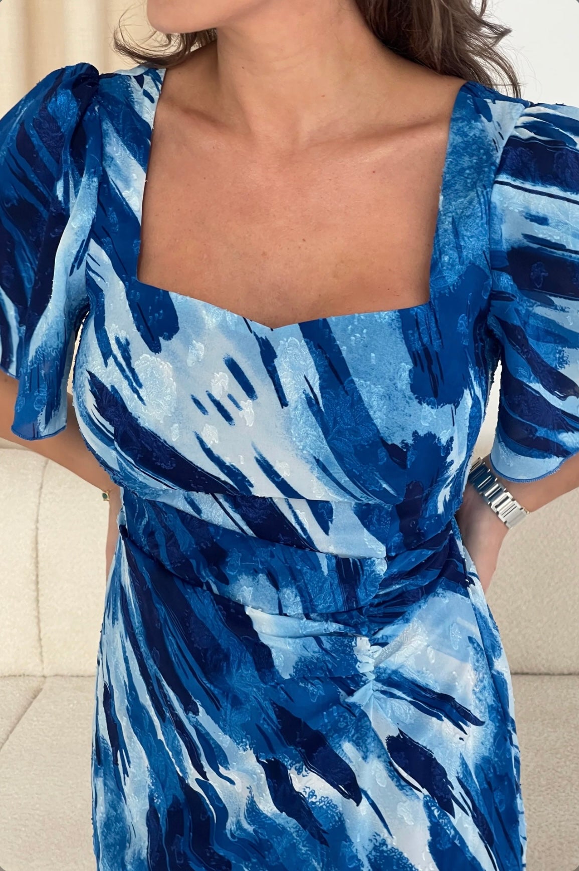 Heidi Blue Abstract Burnout Ruched Midi Dress (size 10)