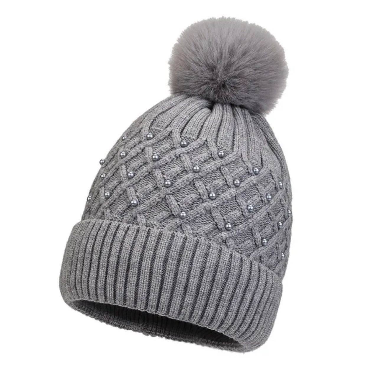 Grey Pearl Fleece Lined Pom Hat