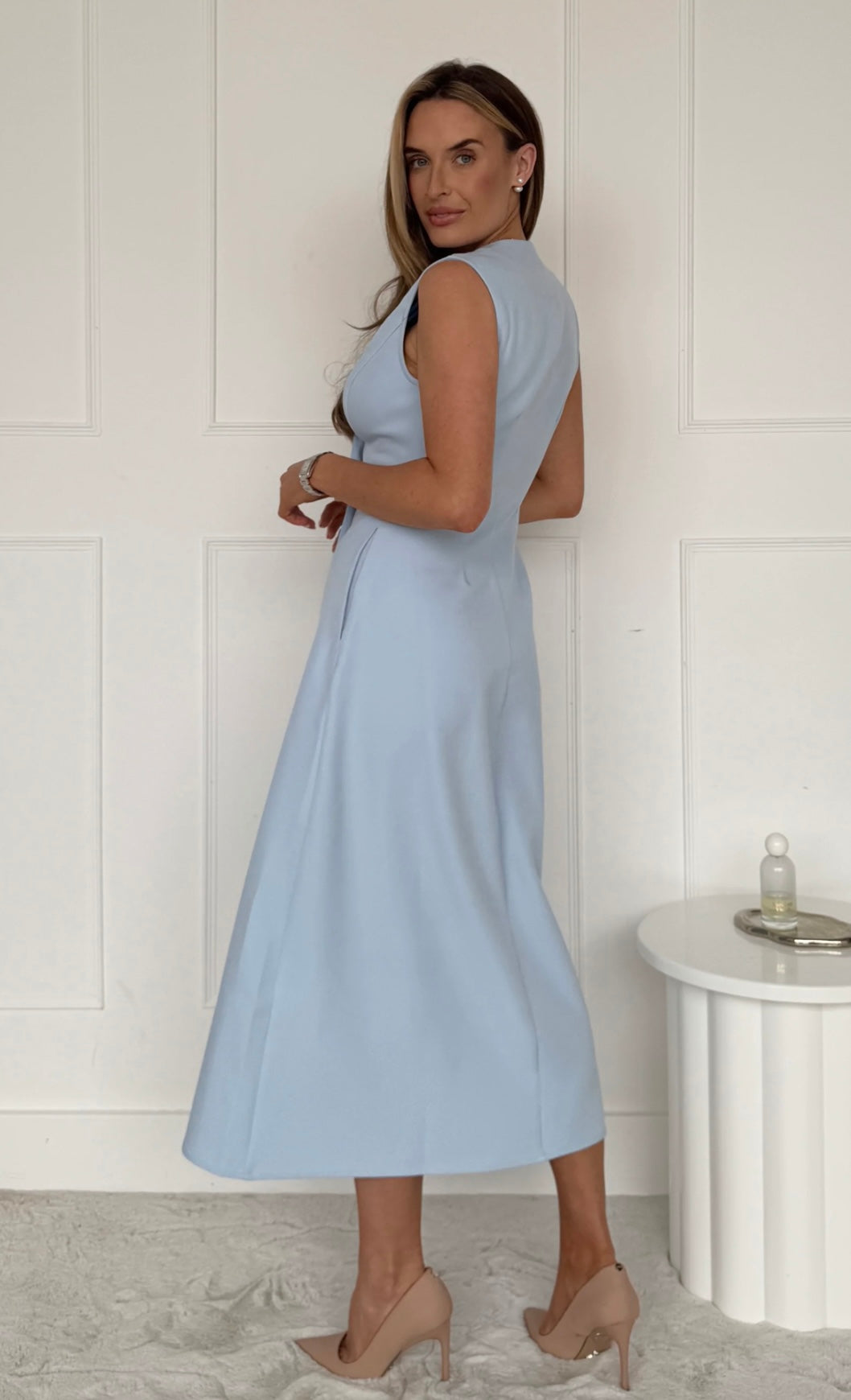 Hazel Tailored Sleeveless Midi Dress Sky Blue