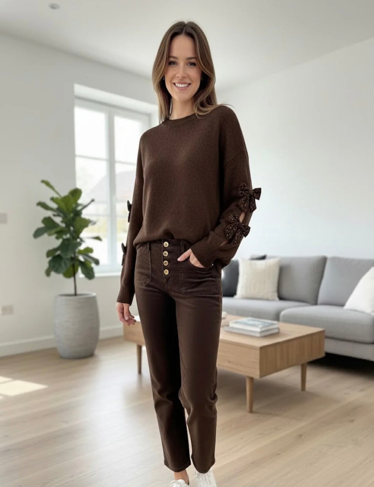 Brown Jumper With Sequin Bow Detail