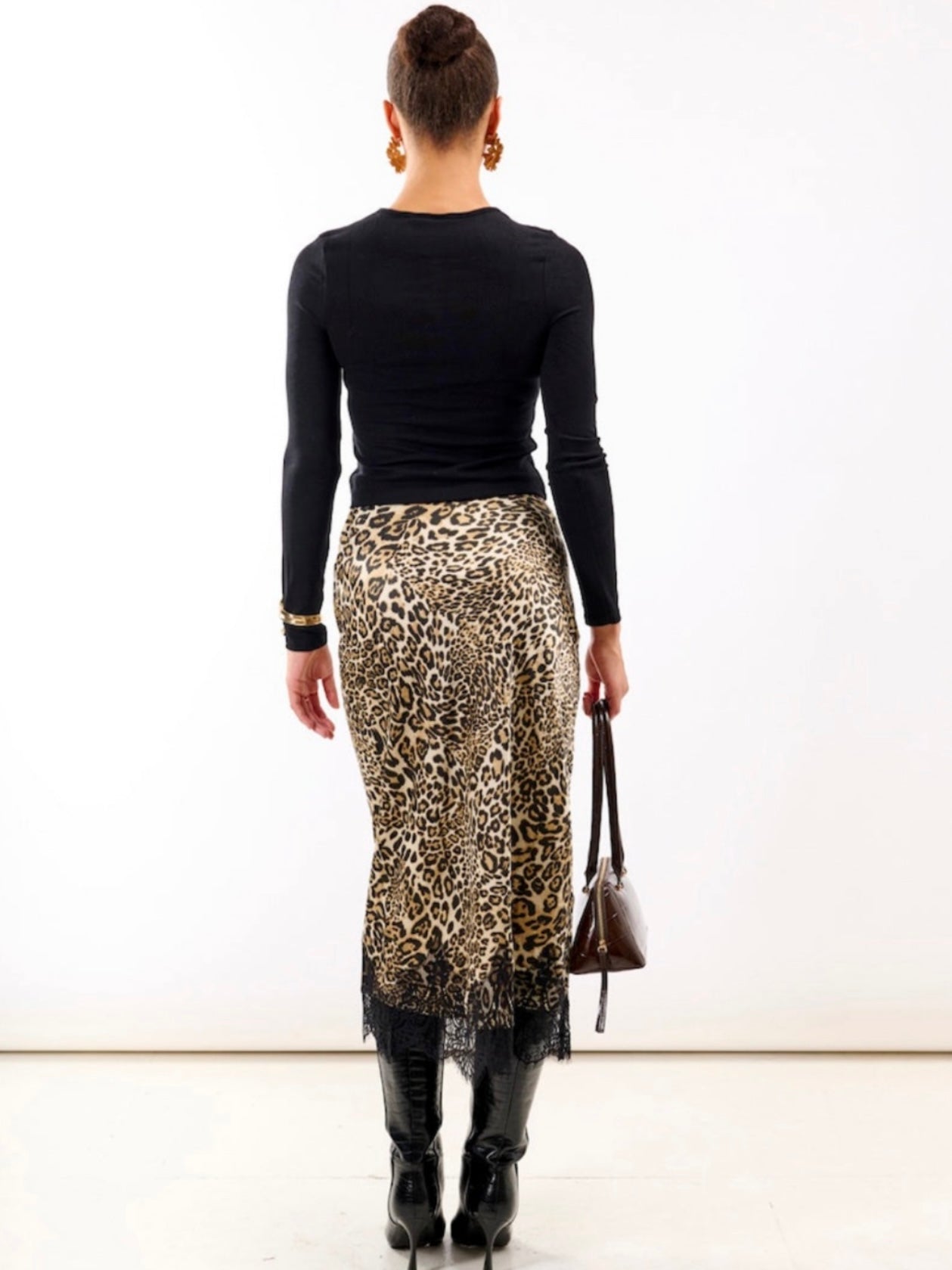 Leopard Print Satin Lace Midi Skirt