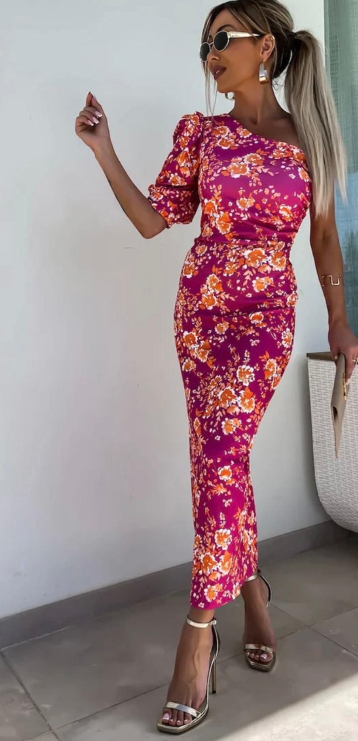 Sydney Magenta One Shoulder Midi Dress