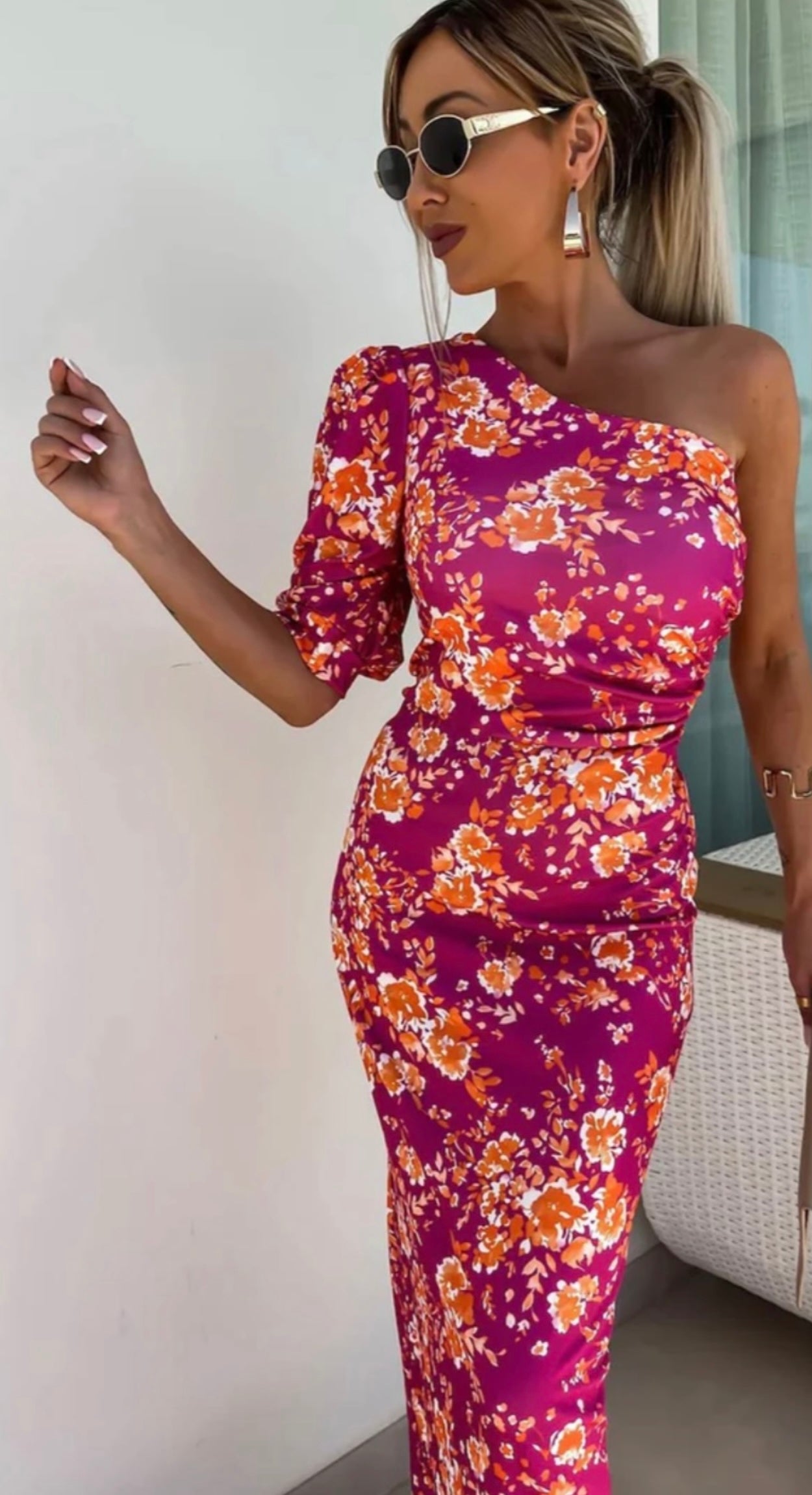 Sydney Magenta One Shoulder Midi Dress