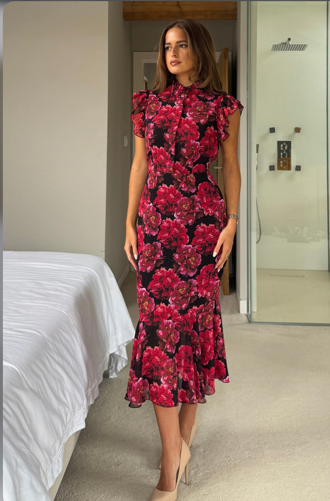 Hannah Black & Red Floral Midi Dress