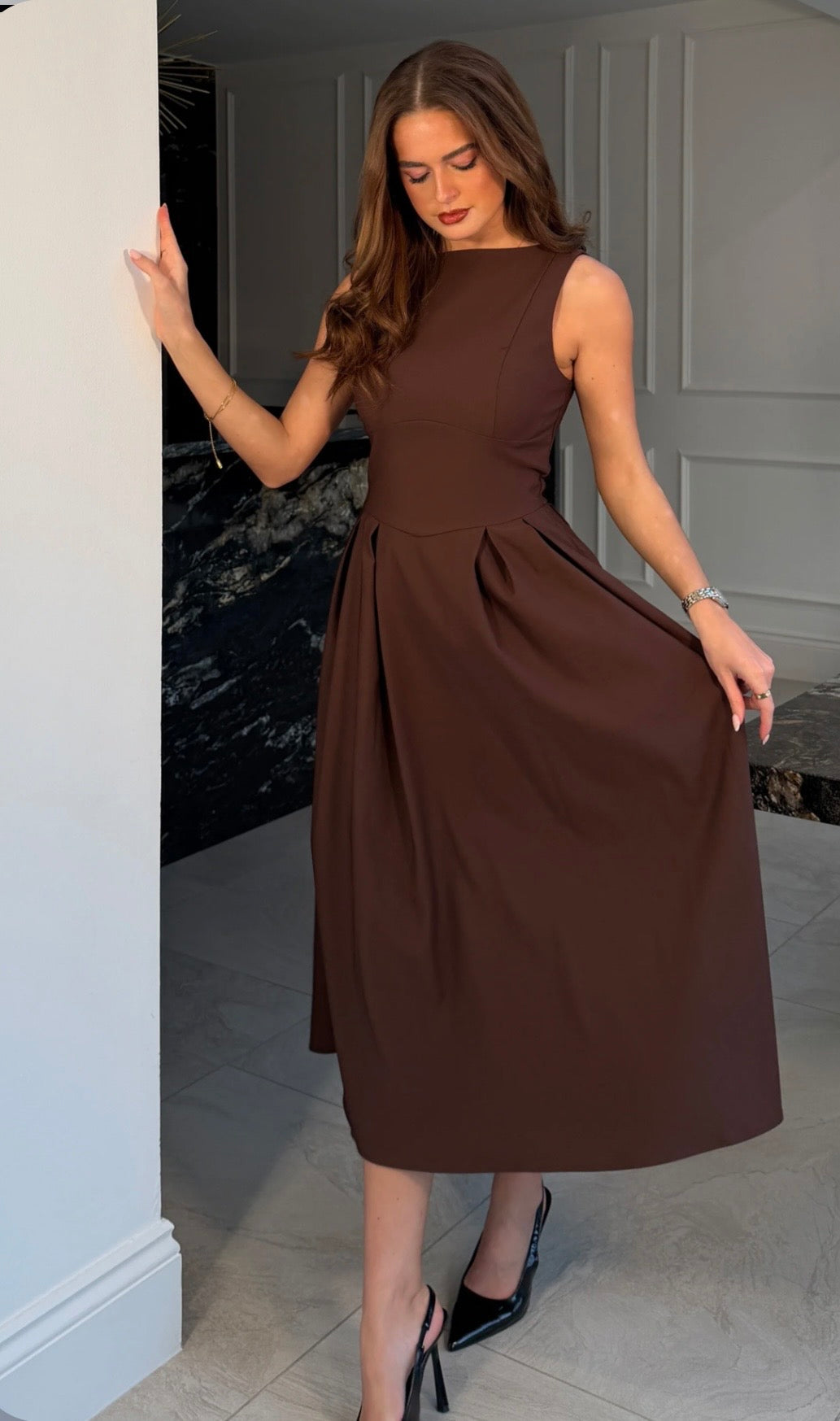 Nesta Boat Neck Skater Midi Dress Brown
