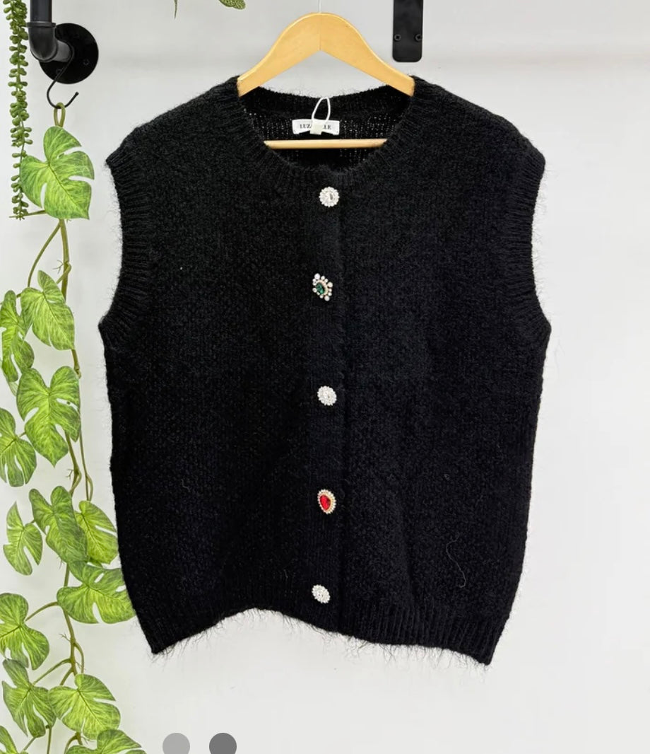Black Waistcoat With Vintage Embellished Buttons