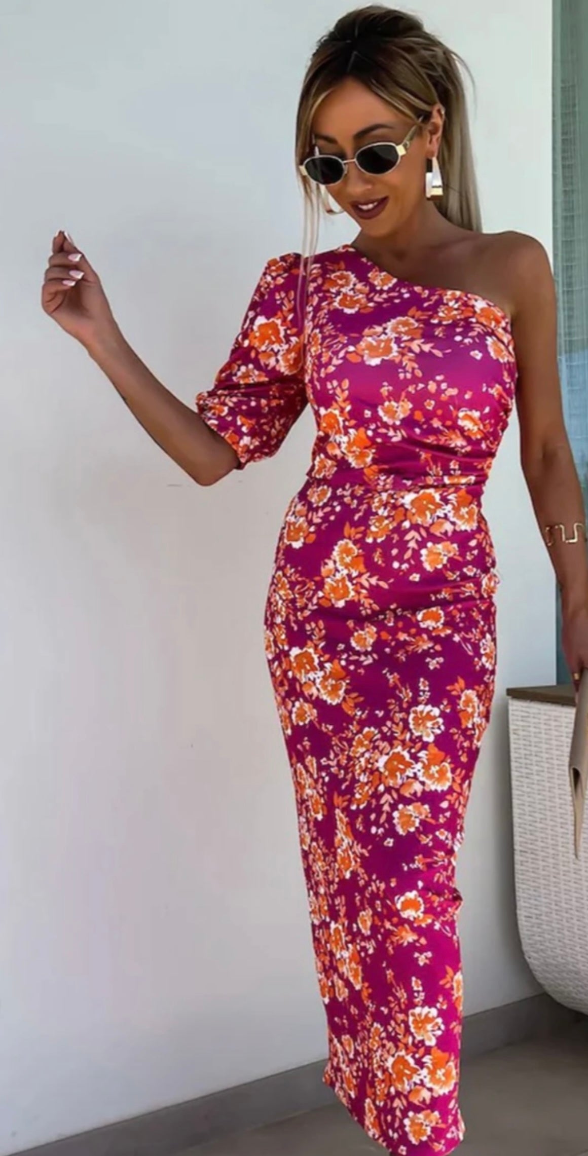 Sydney Magenta One Shoulder Midi Dress