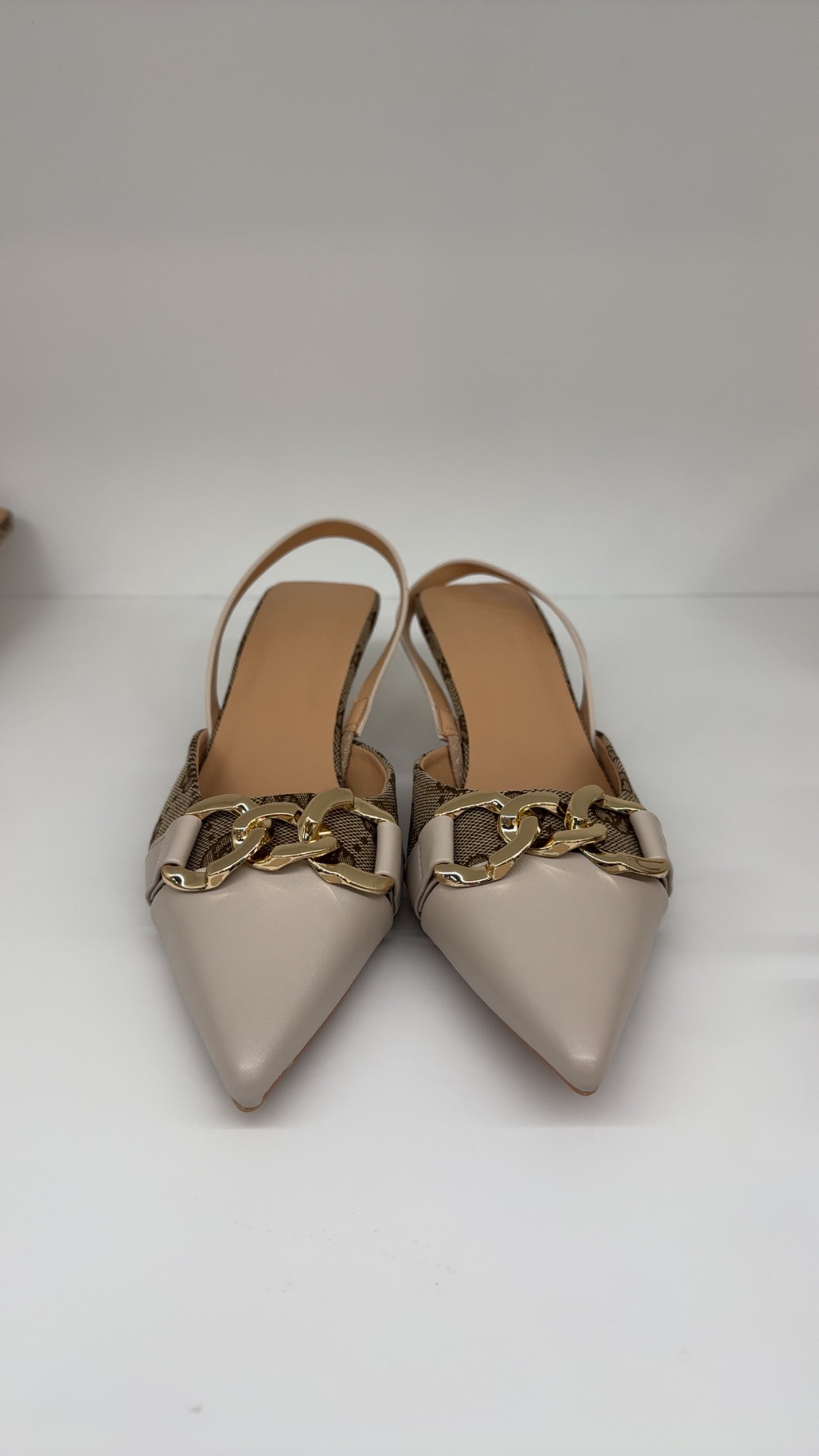 Cream & Beige Gold Bar Slingback Heels