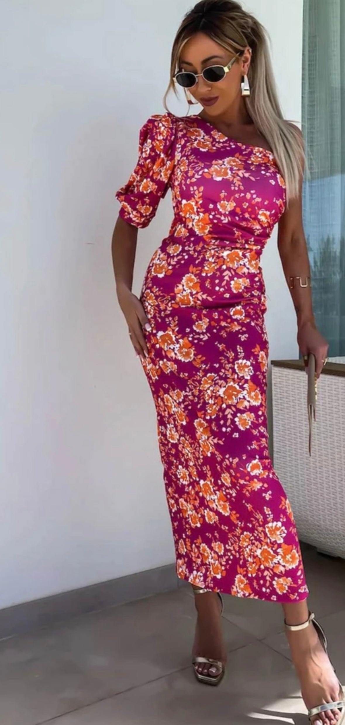 Sydney Magenta One Shoulder Midi Dress