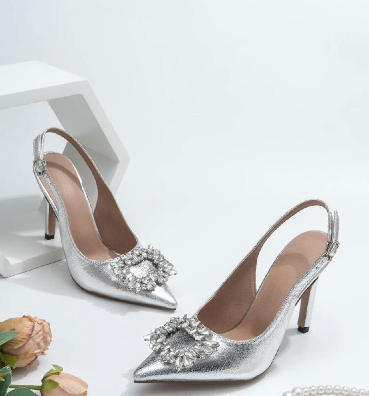 Silver Diamanté Detail Slingback Heels