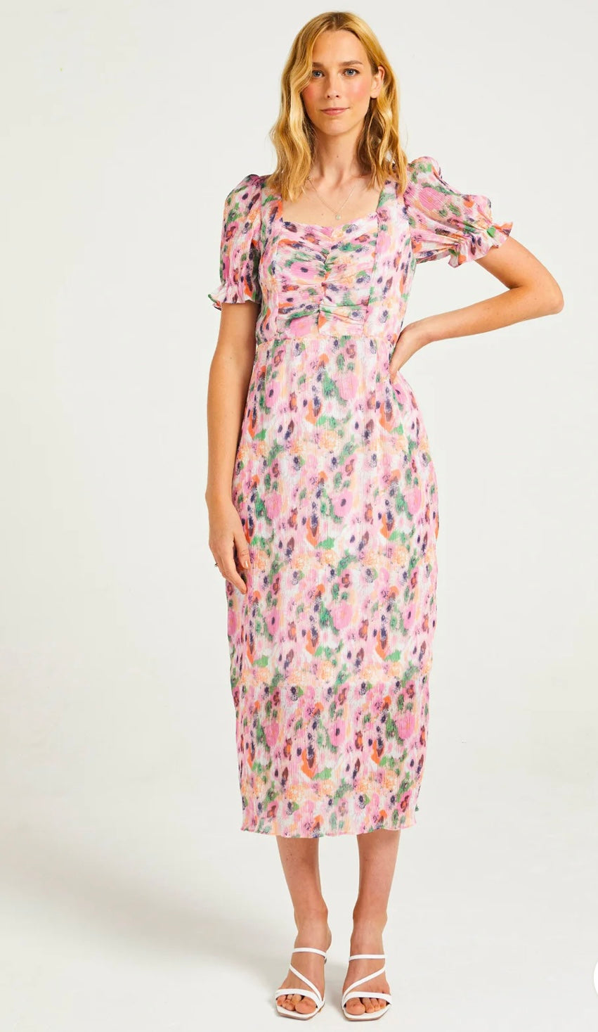 Olivia Pink Plisse Midi Dress In Abstract Print (size 8 & 10)