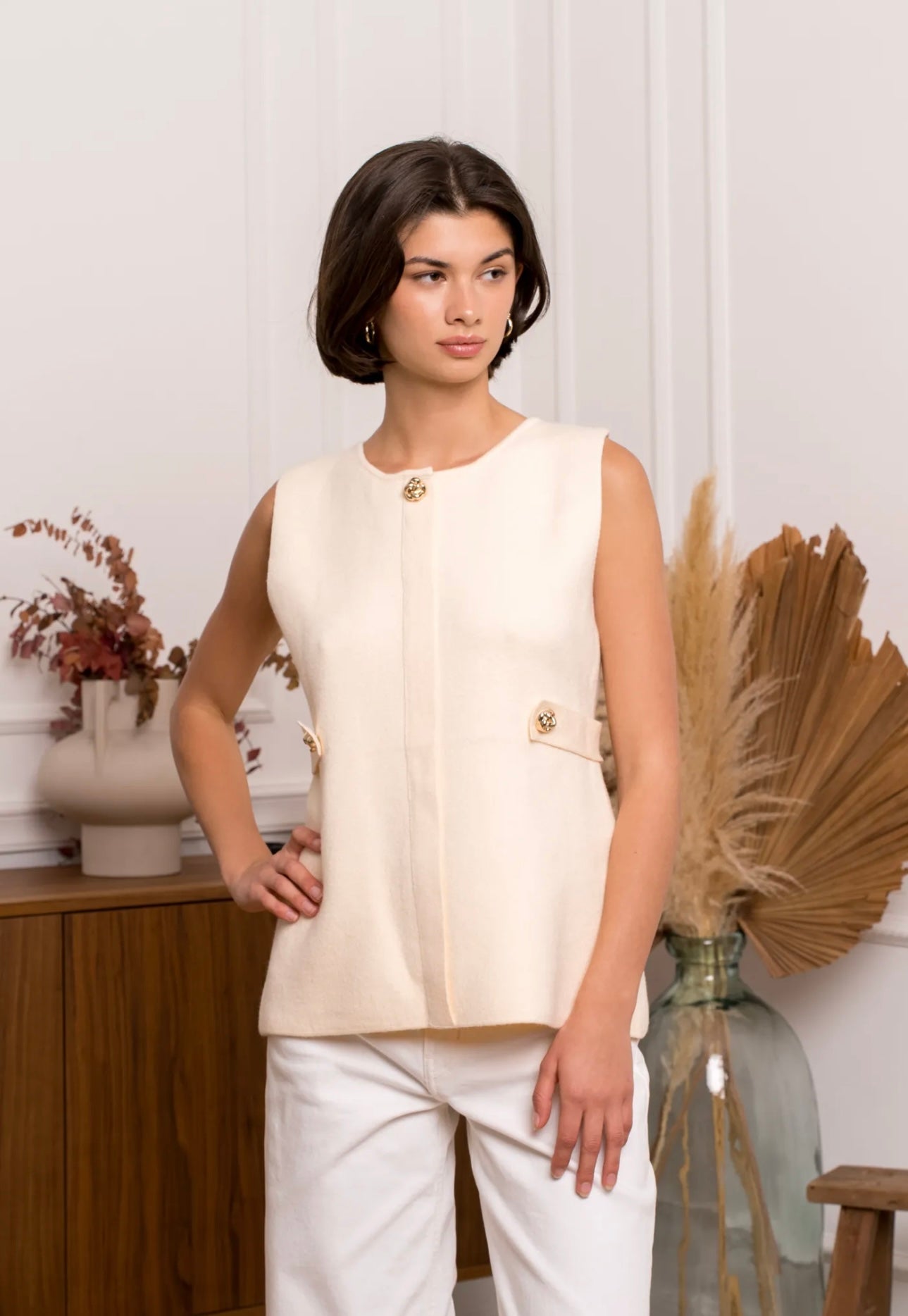 Cream Peplum Top With Gold Button Detail
