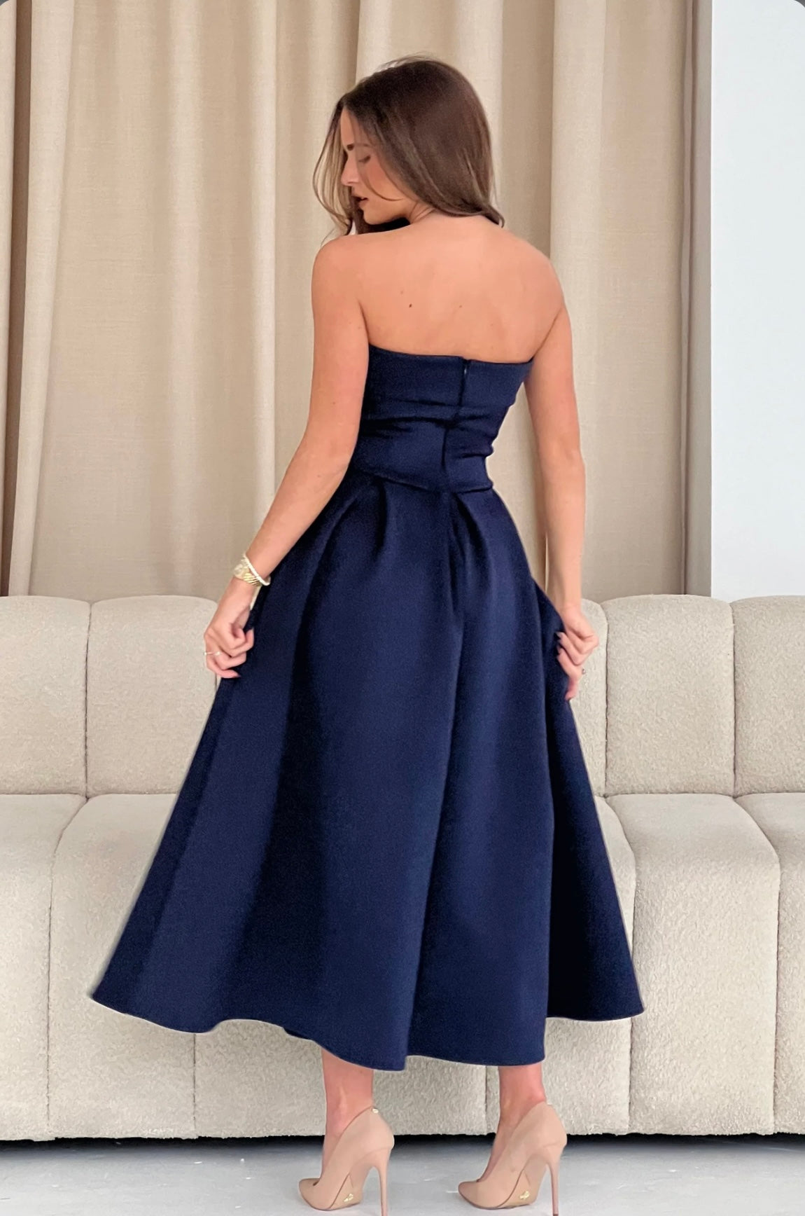 Danni Strapless Bandeau Midi Dress Navy