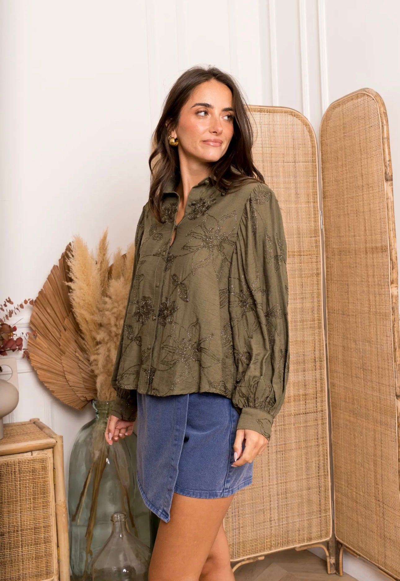 Khaki Metallic Embroidered Shirt