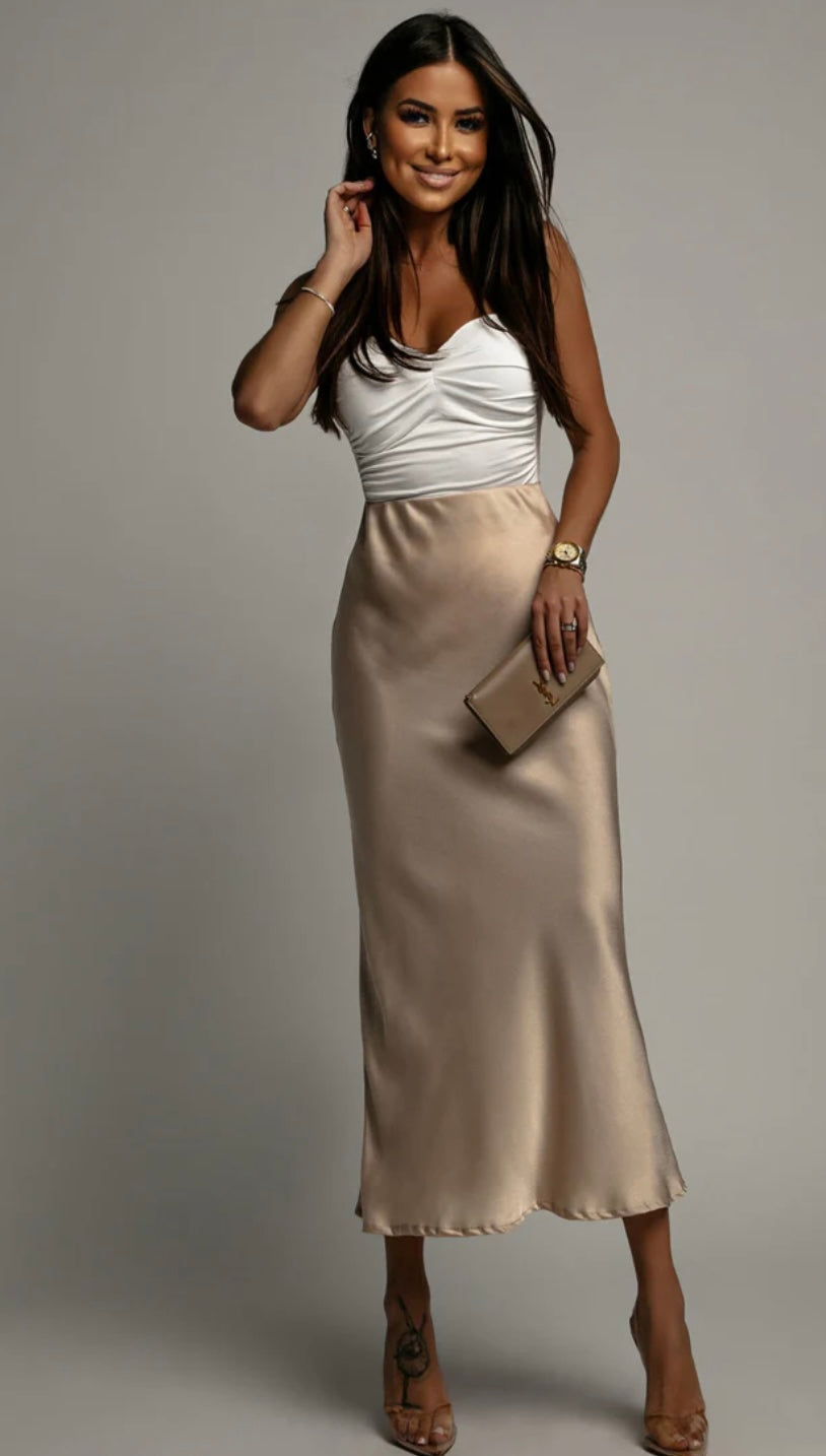 Lucia Satin Midi Skirt Stone