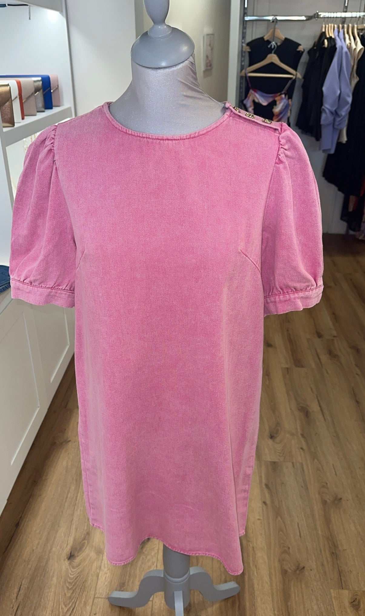 Fushia Denim Dress With Gold Button Detail