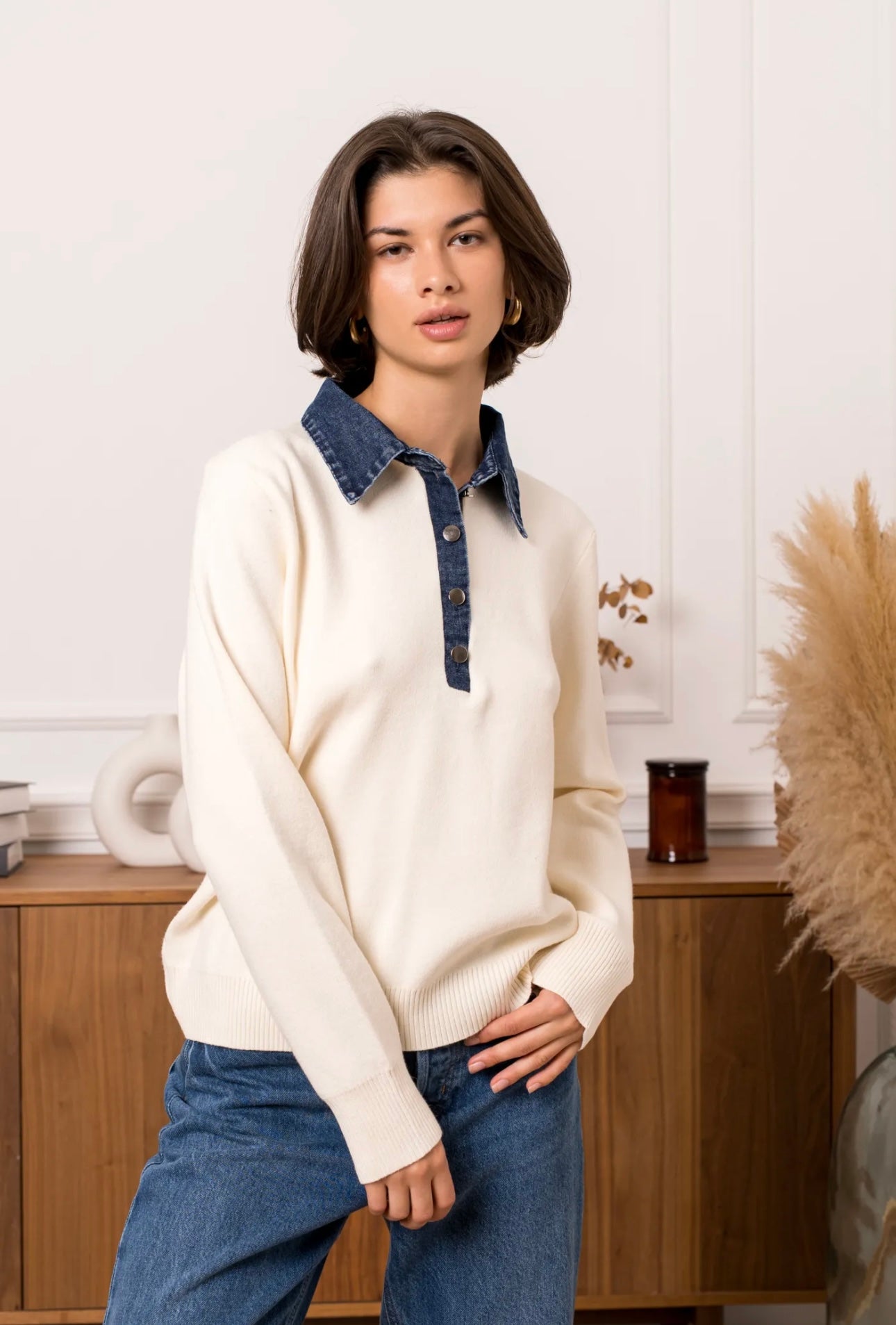 Ivory Denim Collar Jumper