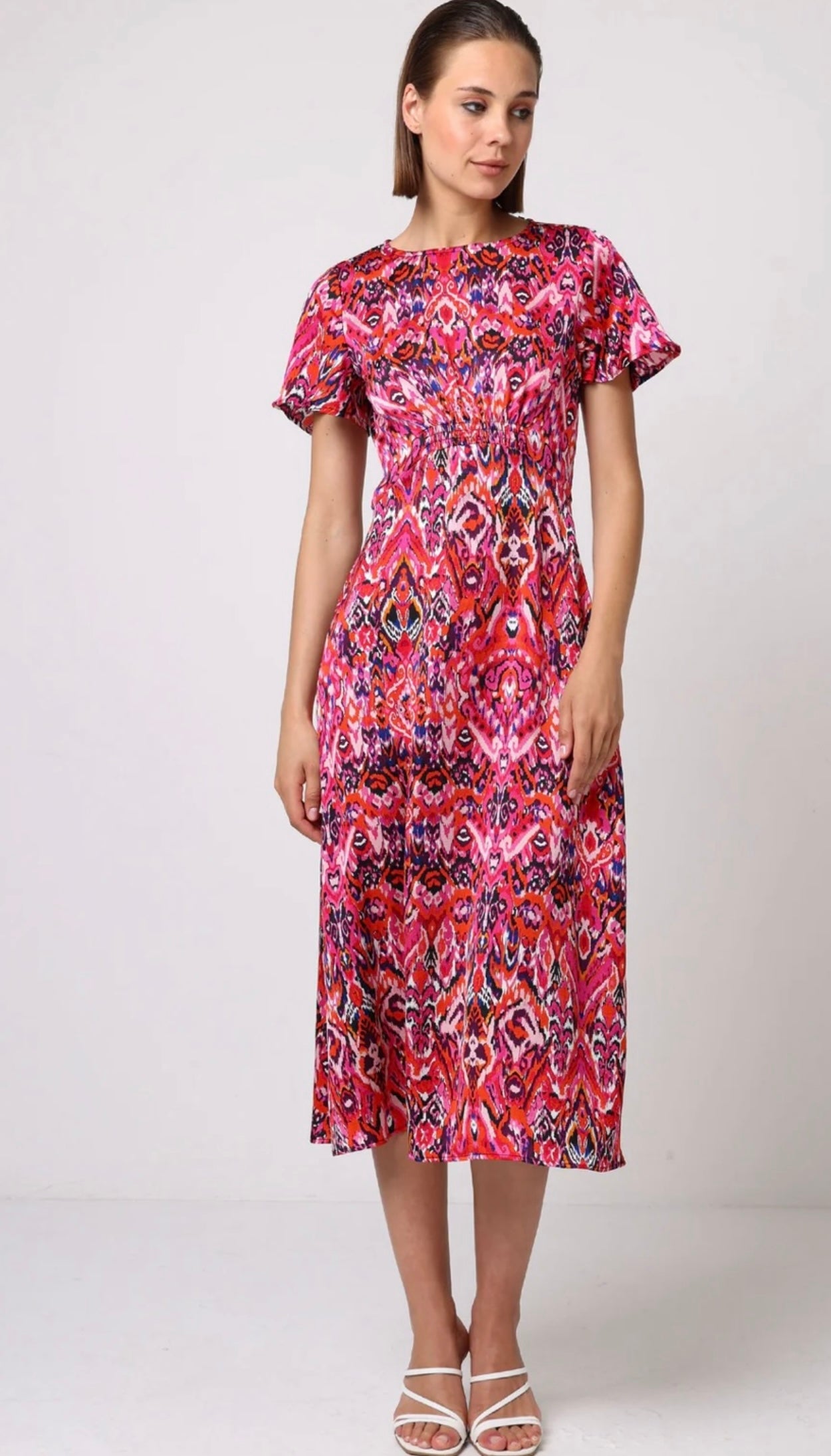 Ruby Abstract Print Satin Midi Dress Red