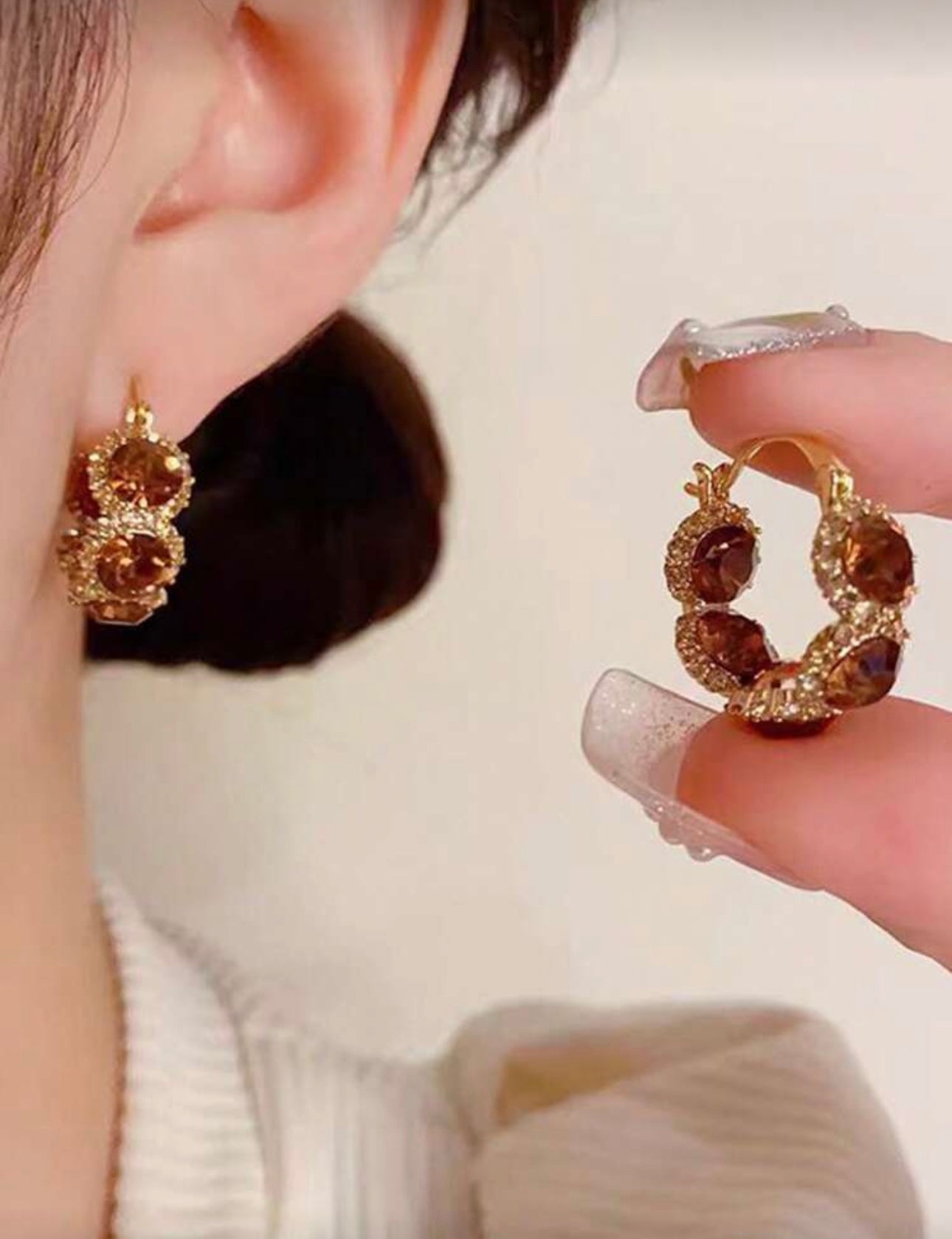 Brown Diamanté Jewel Hoops