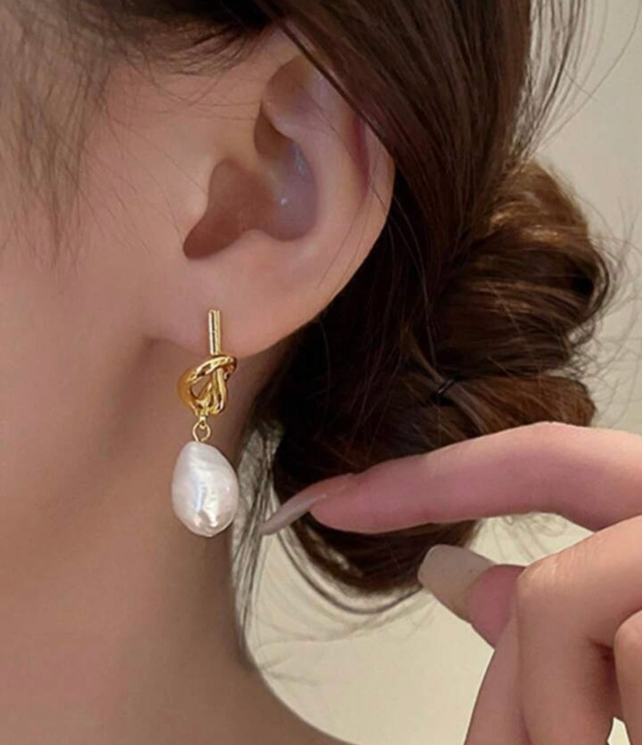 Gold Pearl Twist Knot Earrings