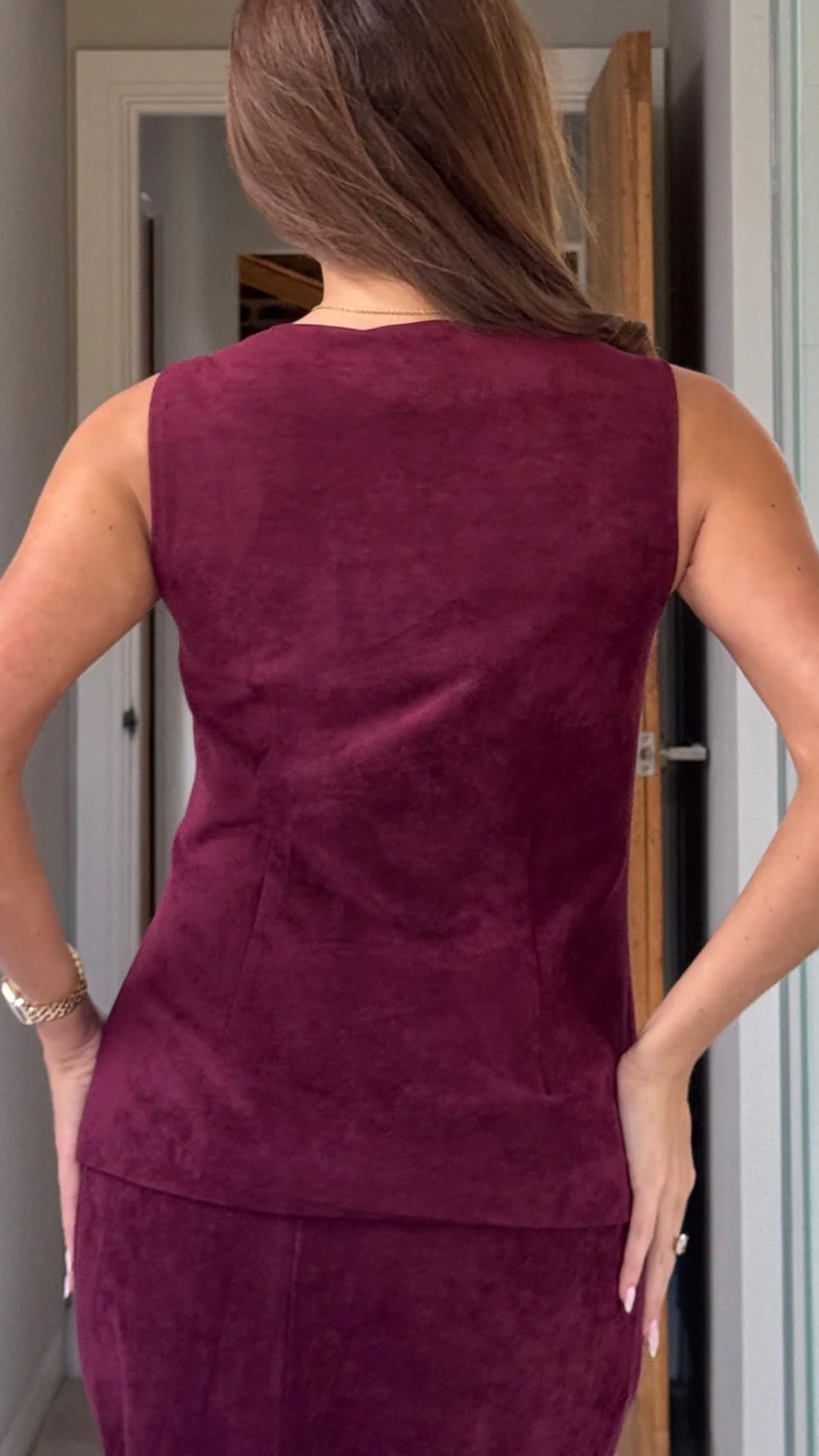 Berry Suede Waistcoat With Gold Button Appliqué