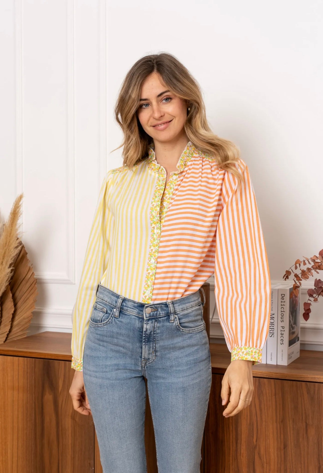 Michelle Lemon & Orange Floral Striped Shirt (size 8,10,12)