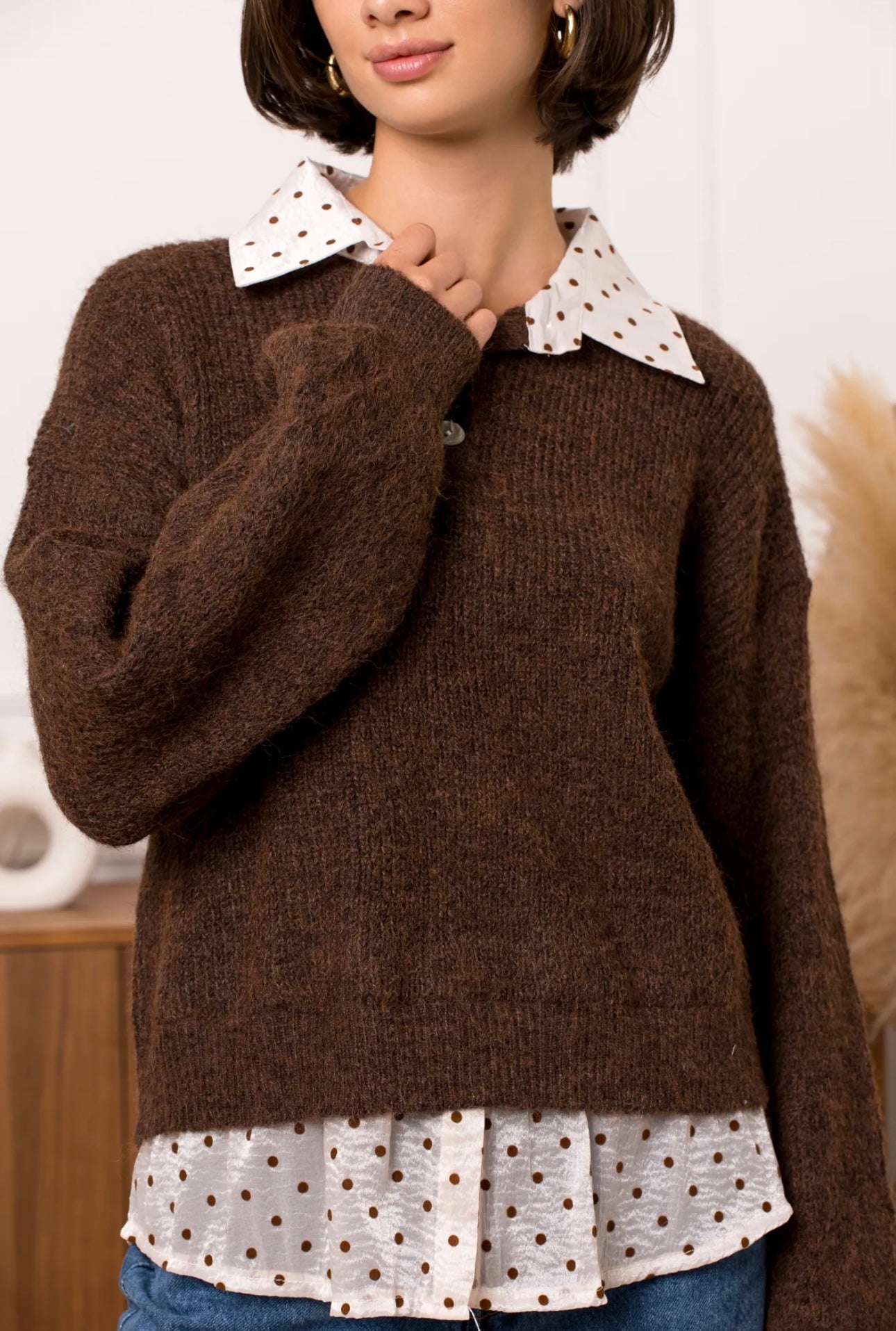 Brown & Cream Polka Dot Shirt Jumper