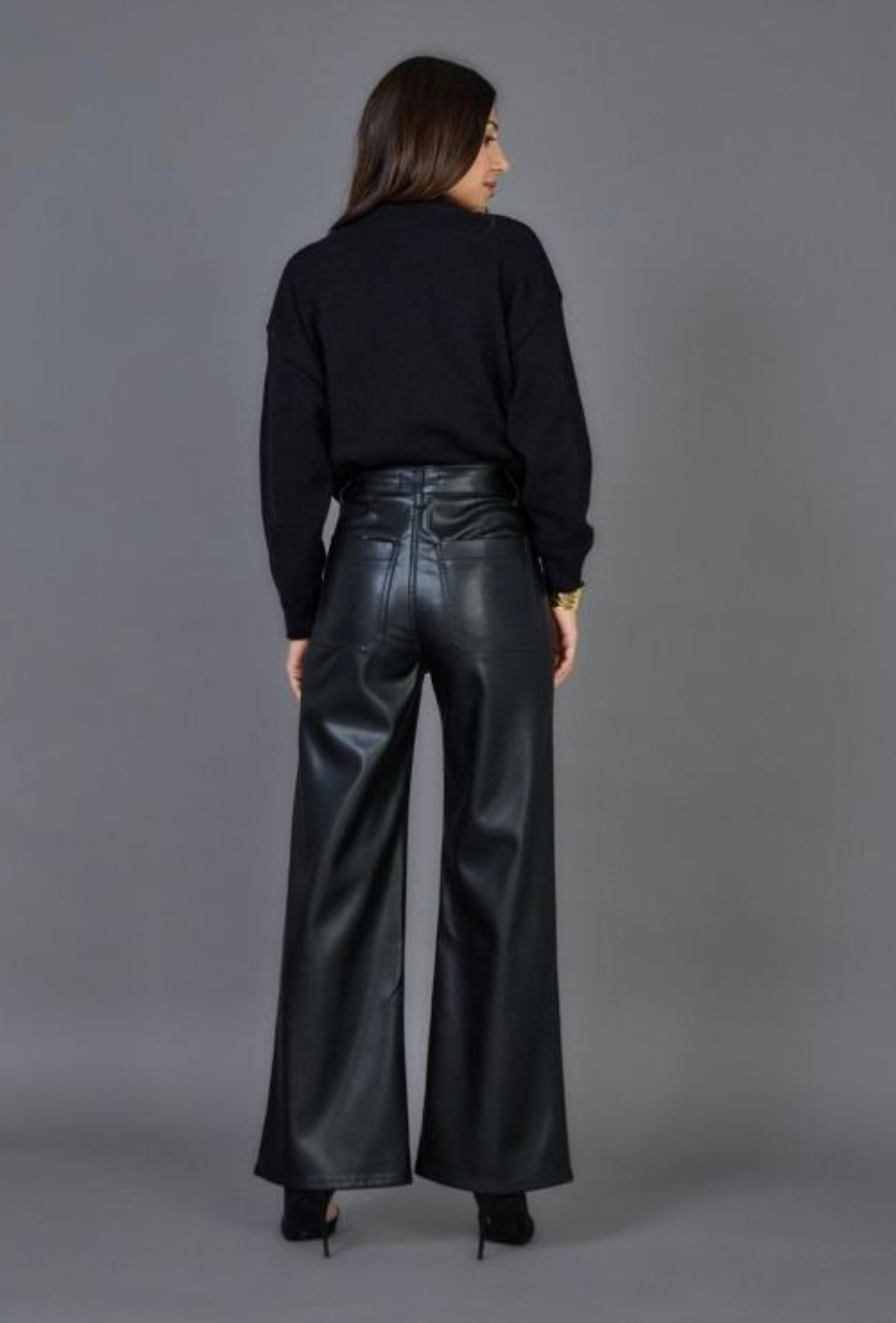 Black Leather 2 Front Pocket Wide Leg Trousers