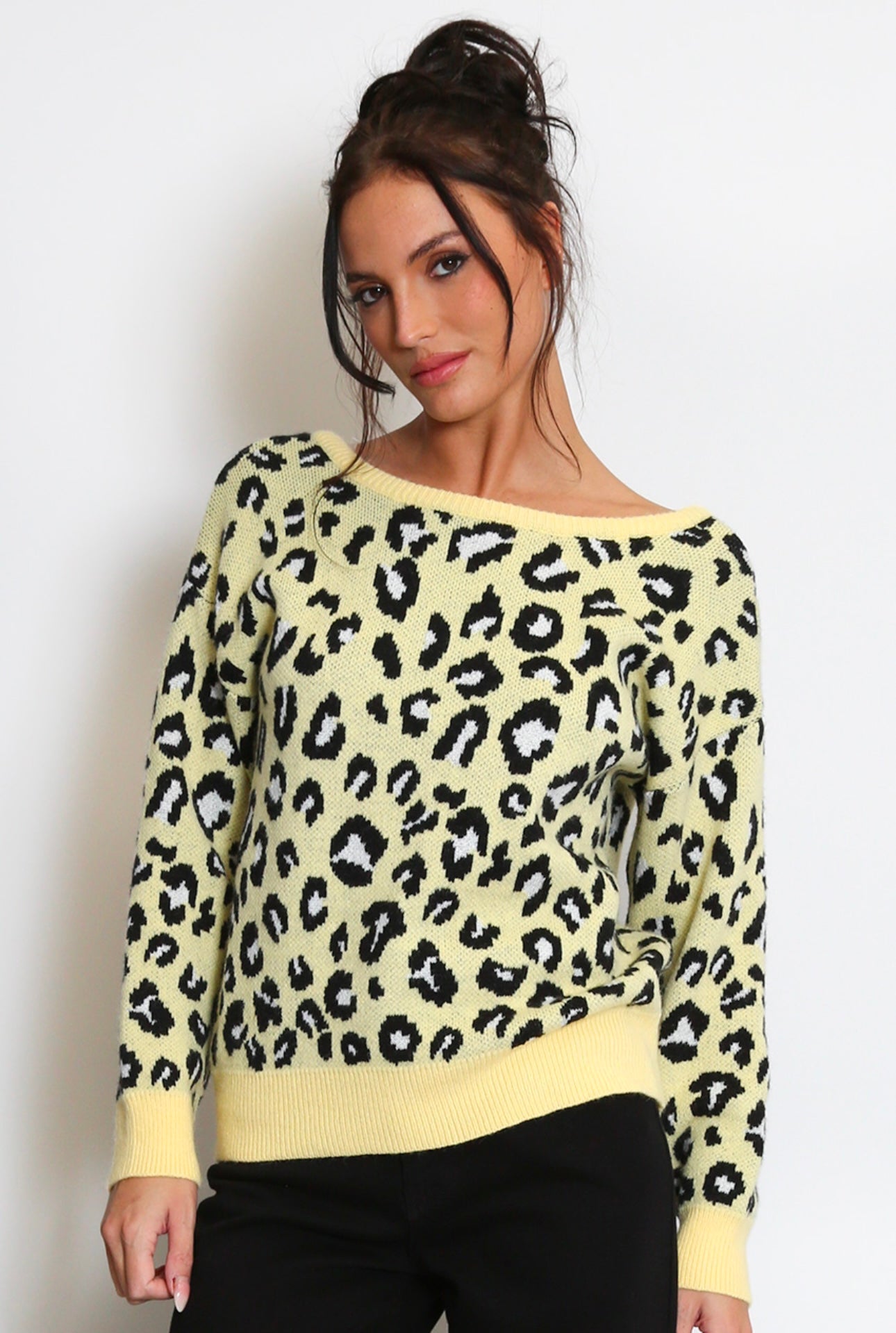 Francesca Leopard Print Bow Detail Jumper In Yellow